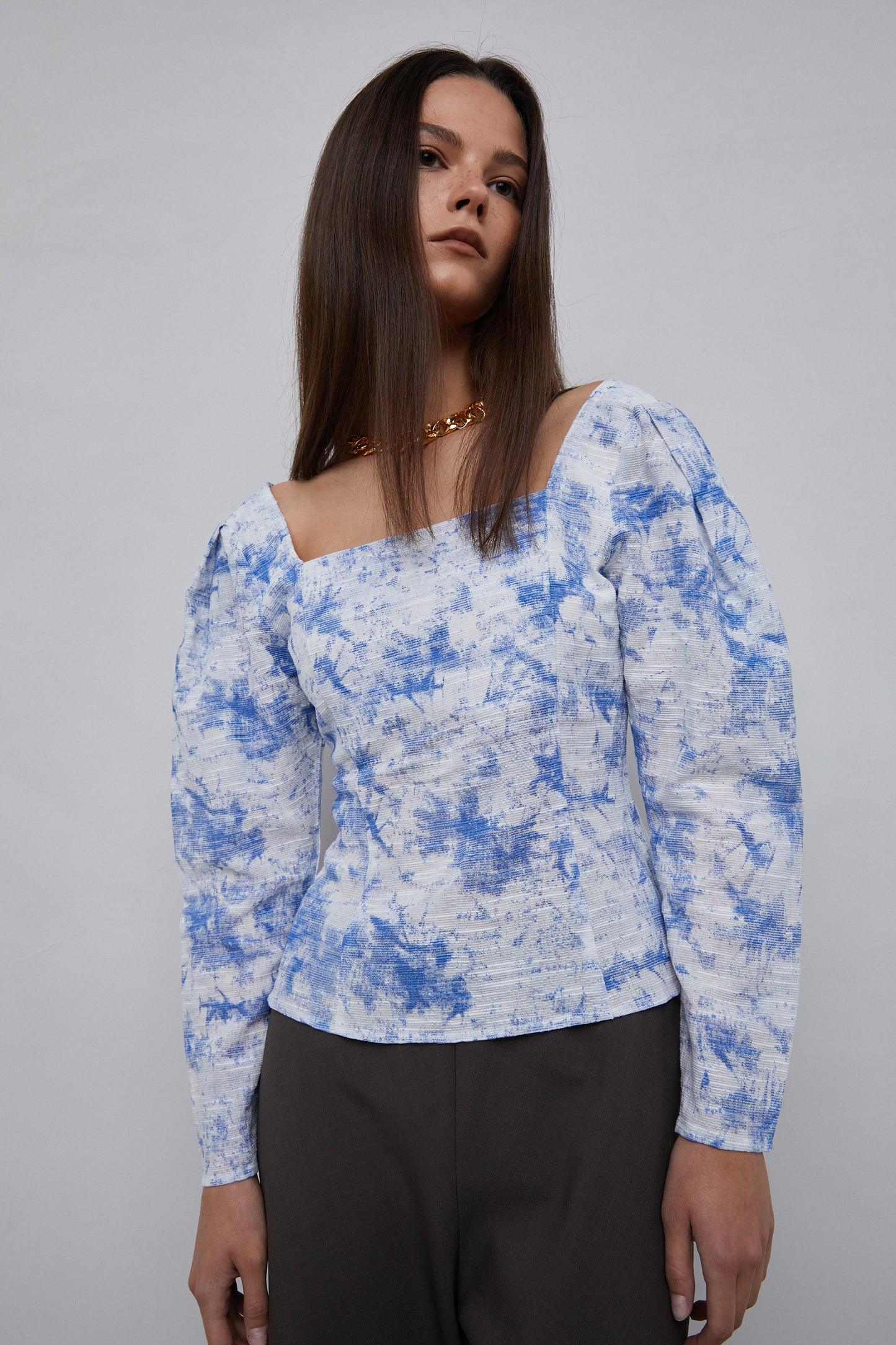 Linen Printed Square Neck Top, Blue
