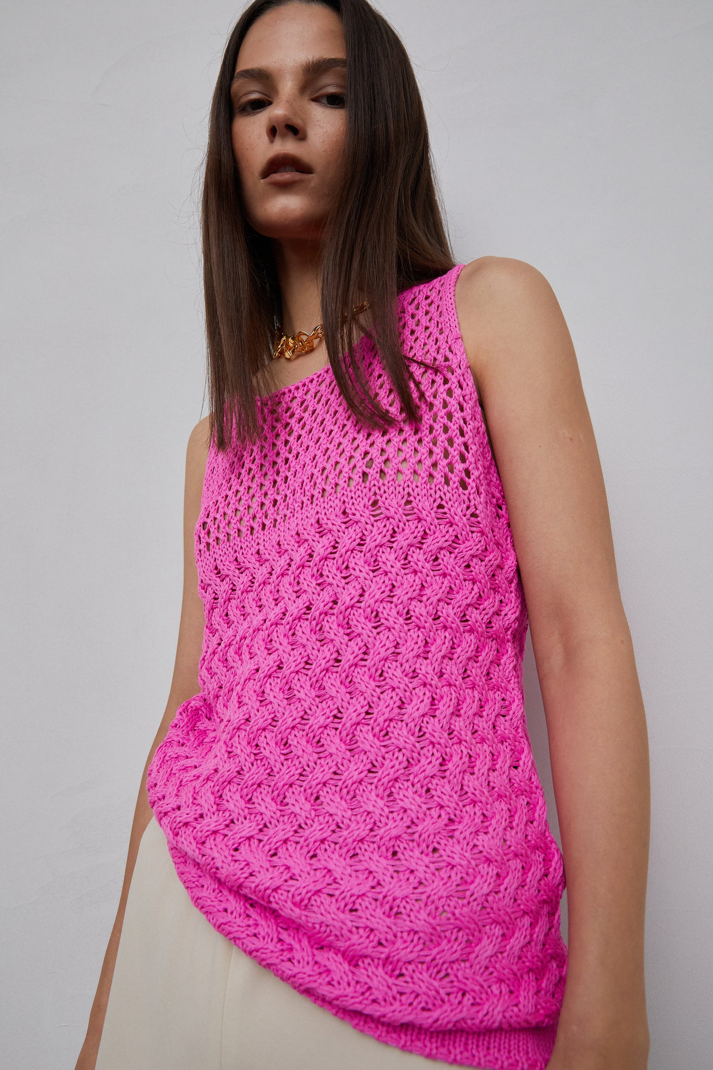 Summer Crochet Knit Top, Fuchsia Pink