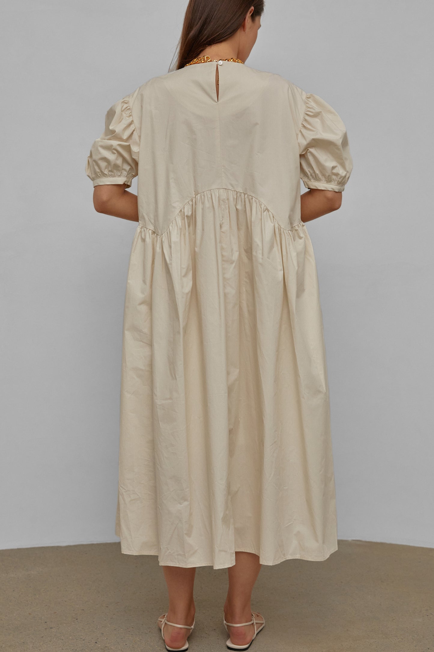 Puff Sleeve Long Cotton Dress, Buttercream