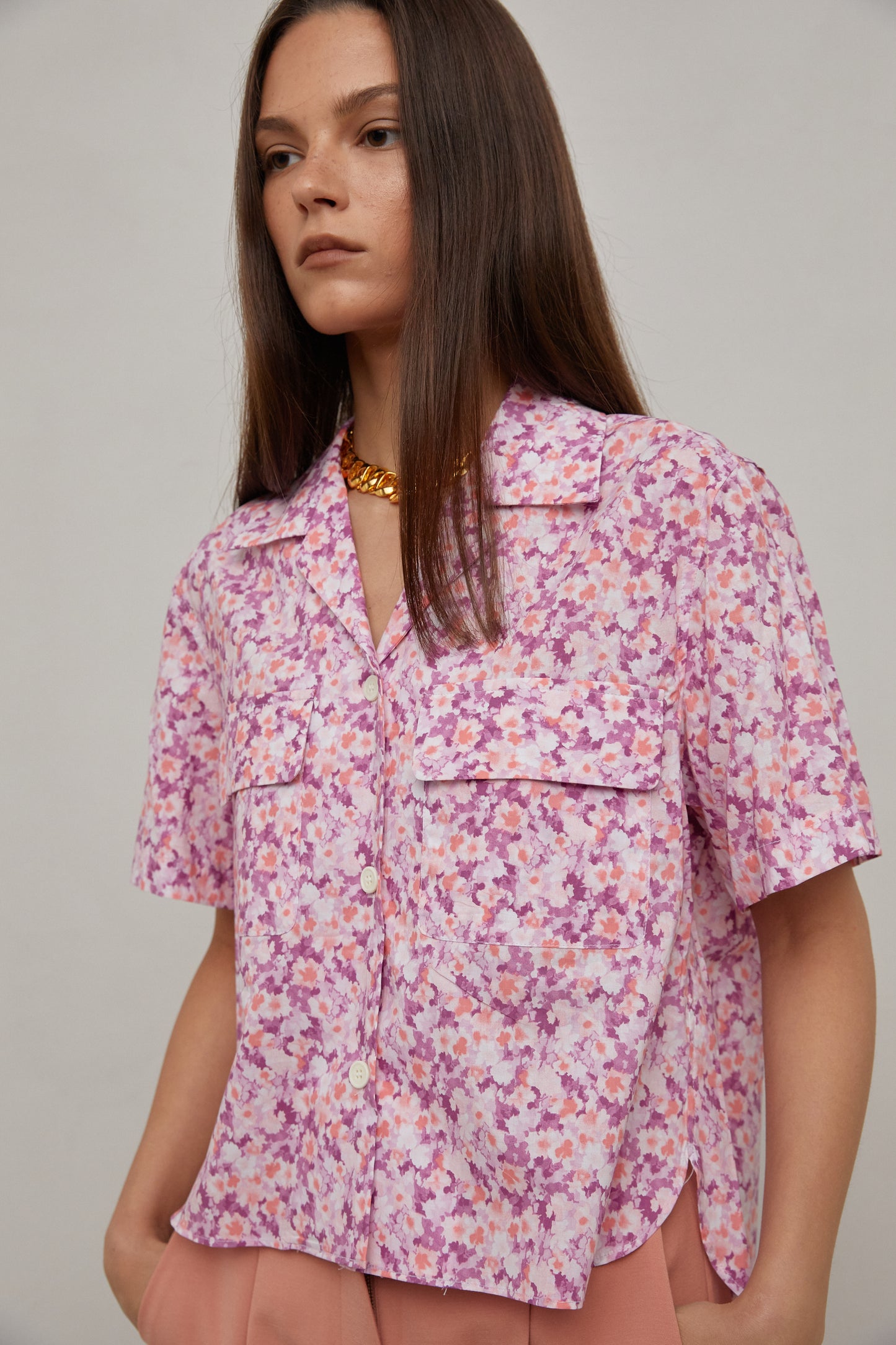 Floral Print Button Down Shirt, Pink Plum