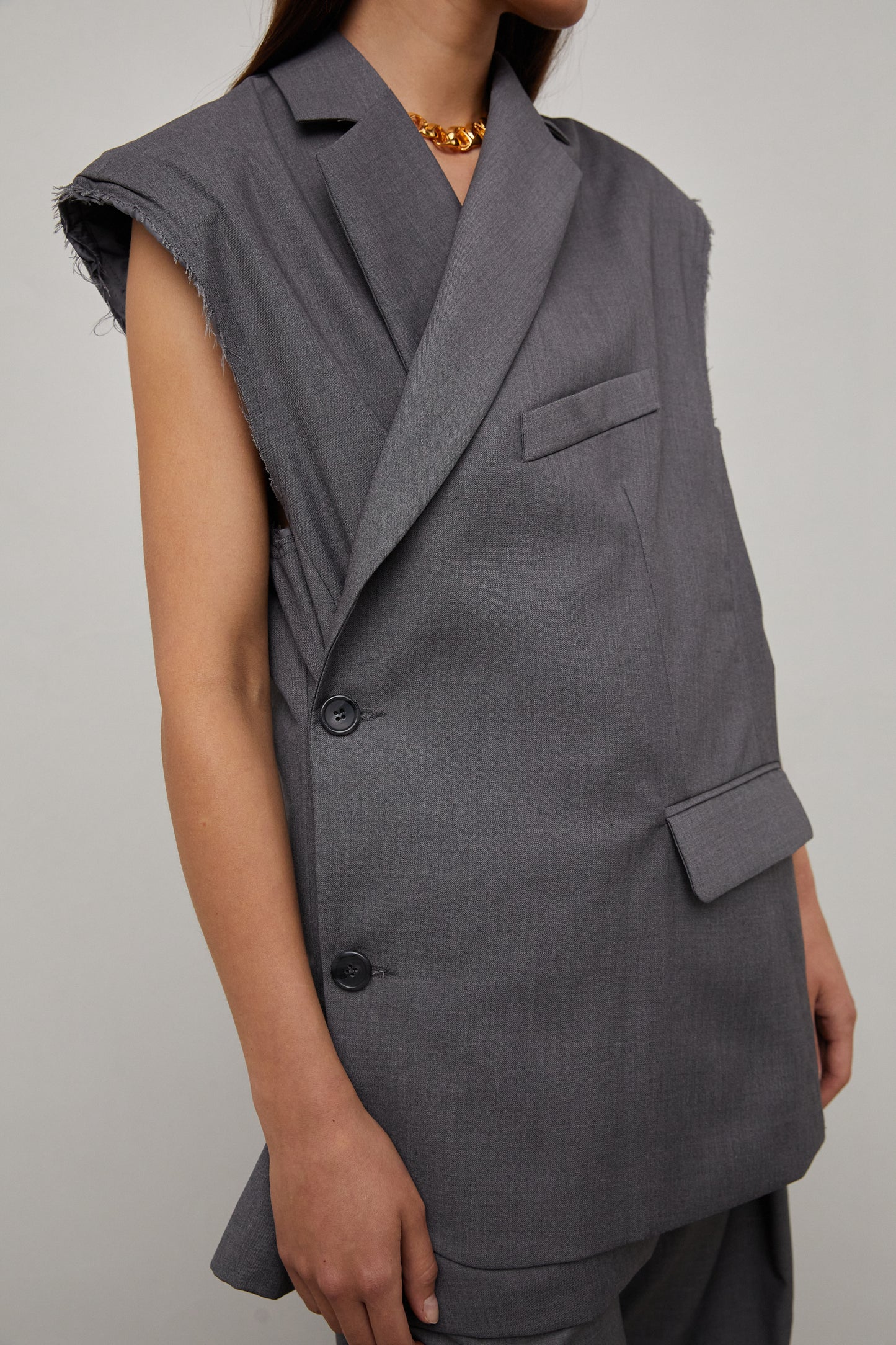 Padded Shoulder Unbalance Button Vest, Ash Grey
