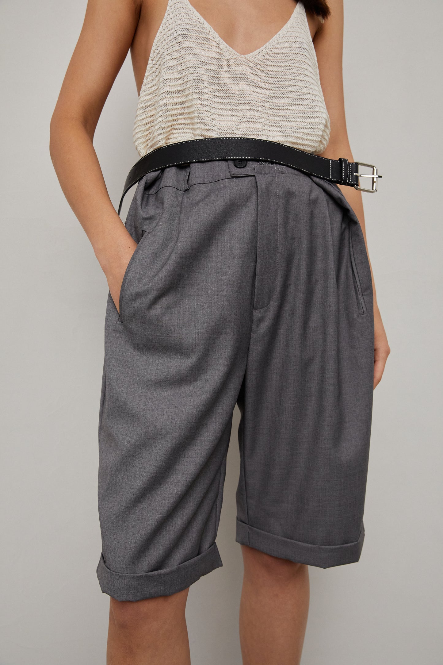 Belted Bermuda Shorts With Exposed Lining, Grey
