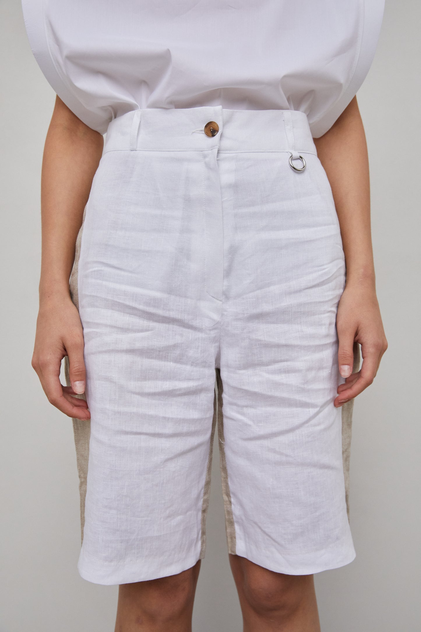 Linen Bicolor Shorts, White & Beige