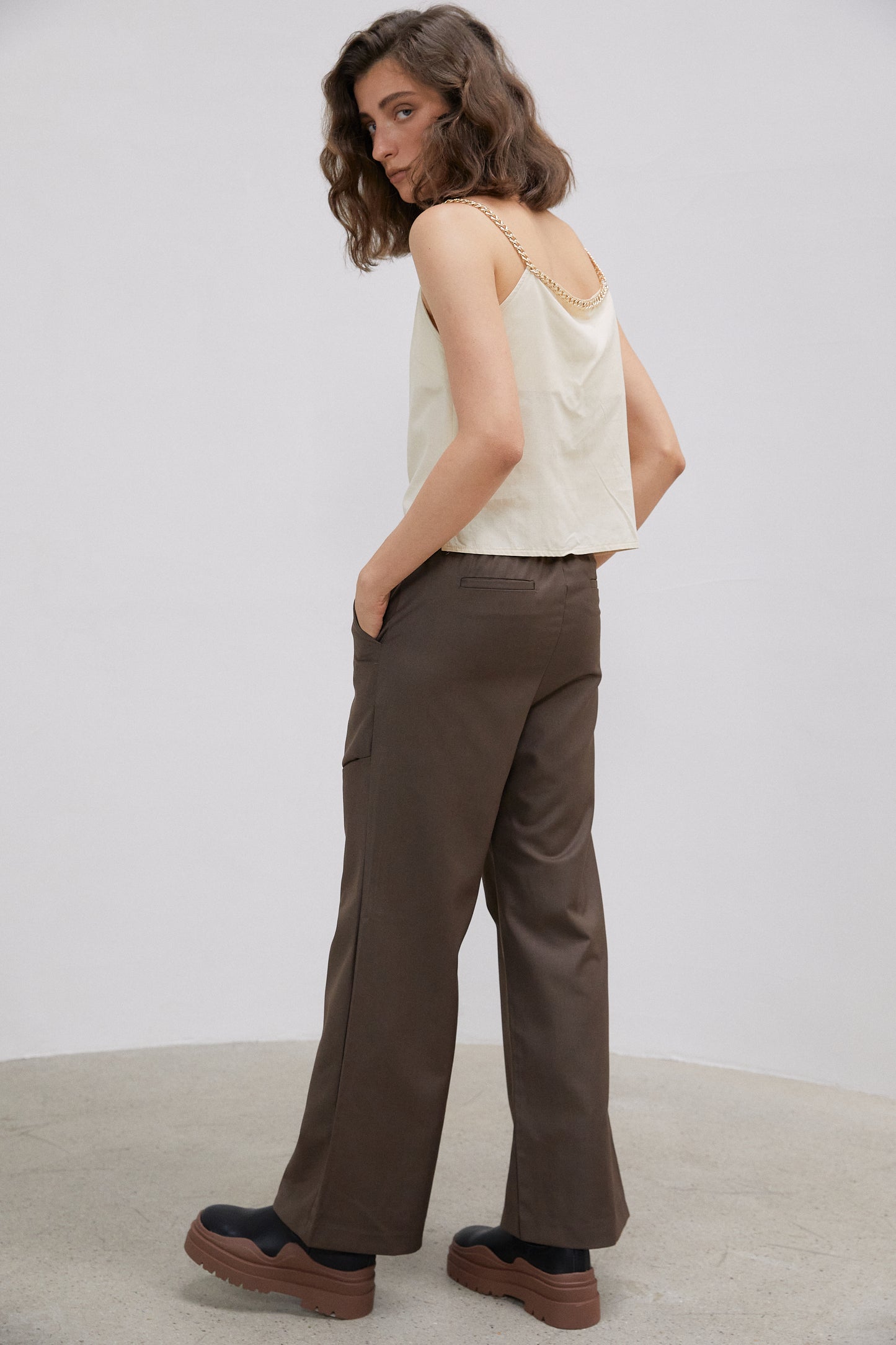 Zip Thigh Slit Trousers, Olive Brown