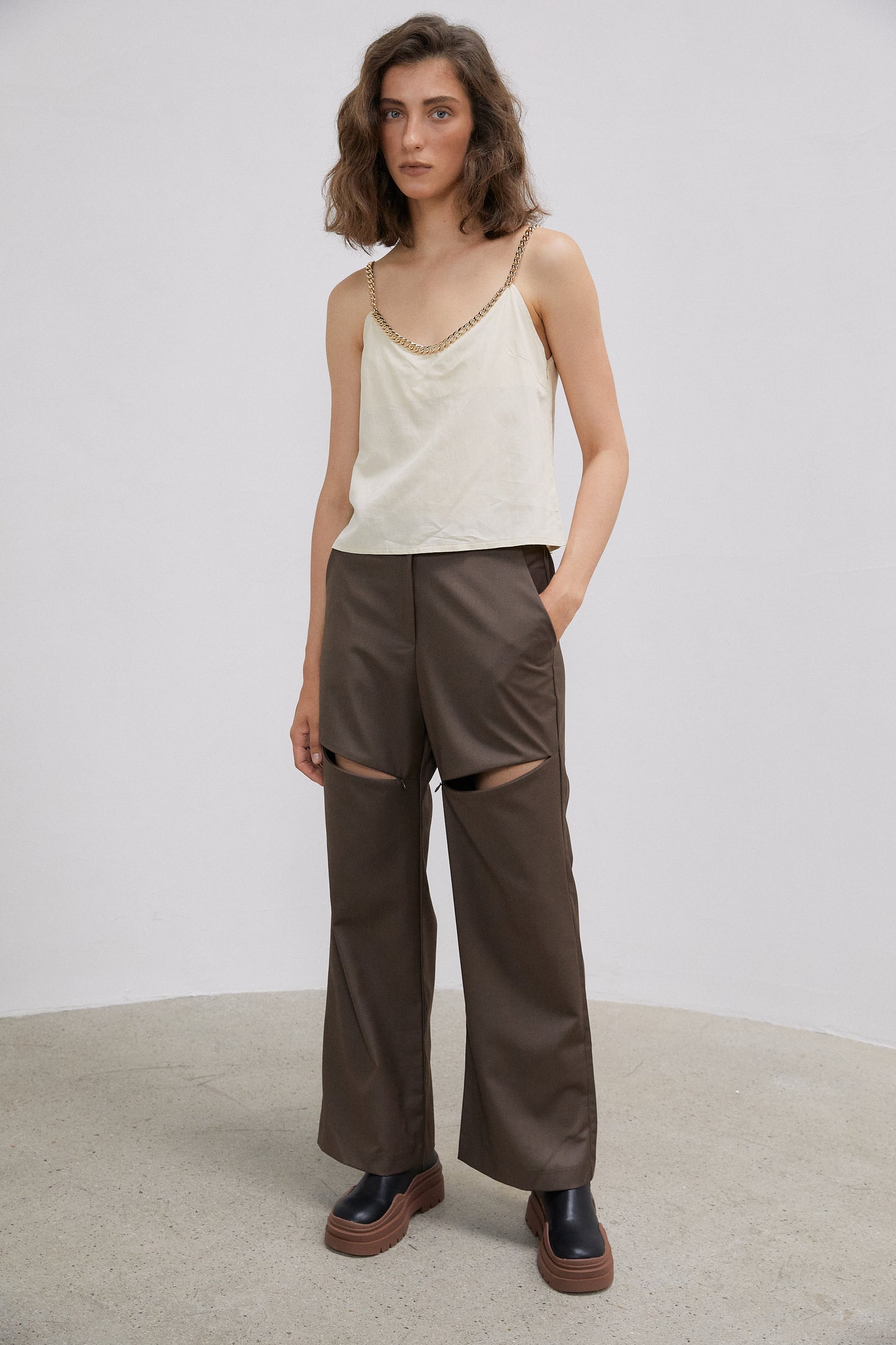 Zip Thigh Slit Trousers, Olive Brown
