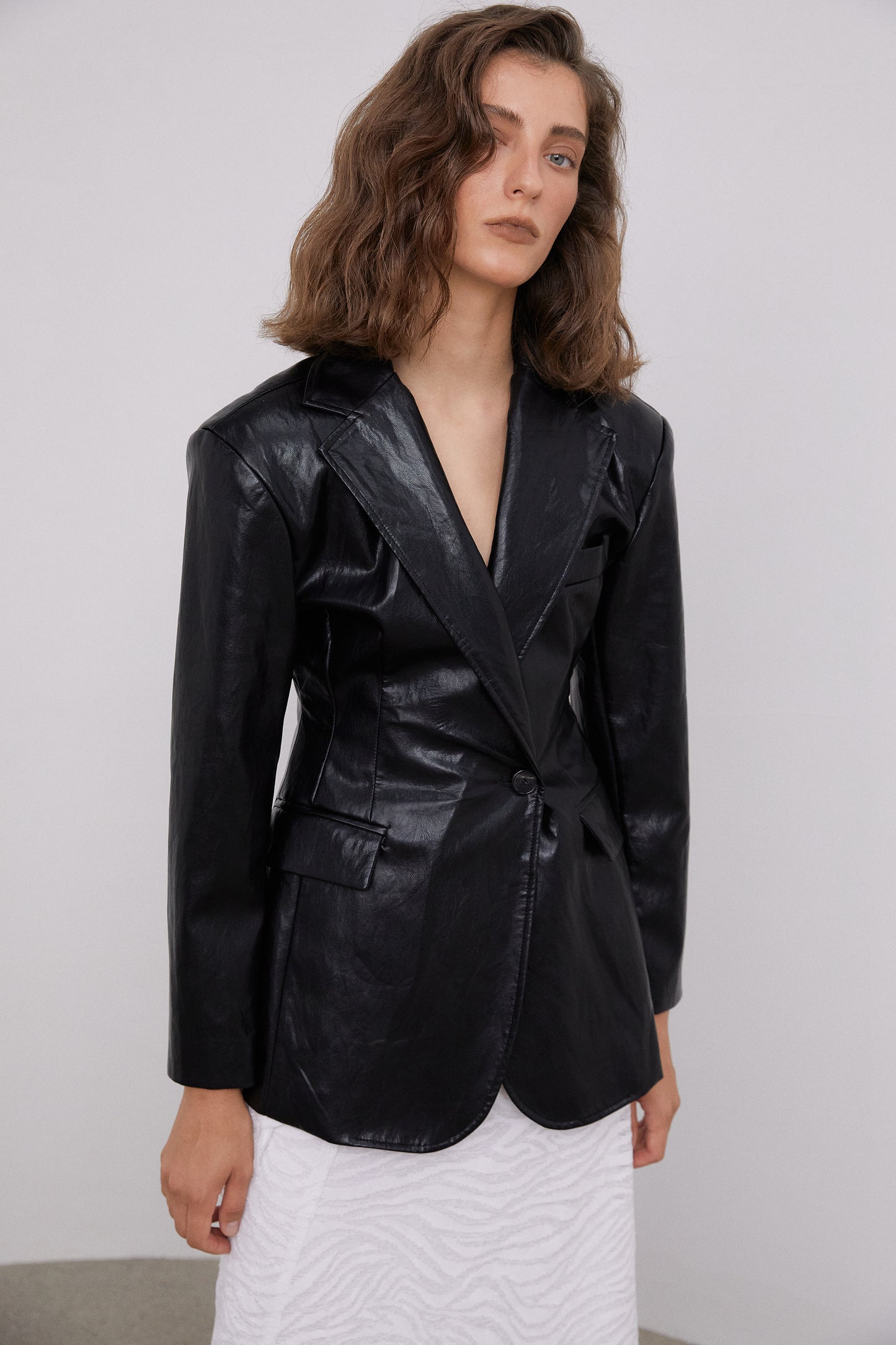 Cinched Waist Metallic Leather Jacket, Black