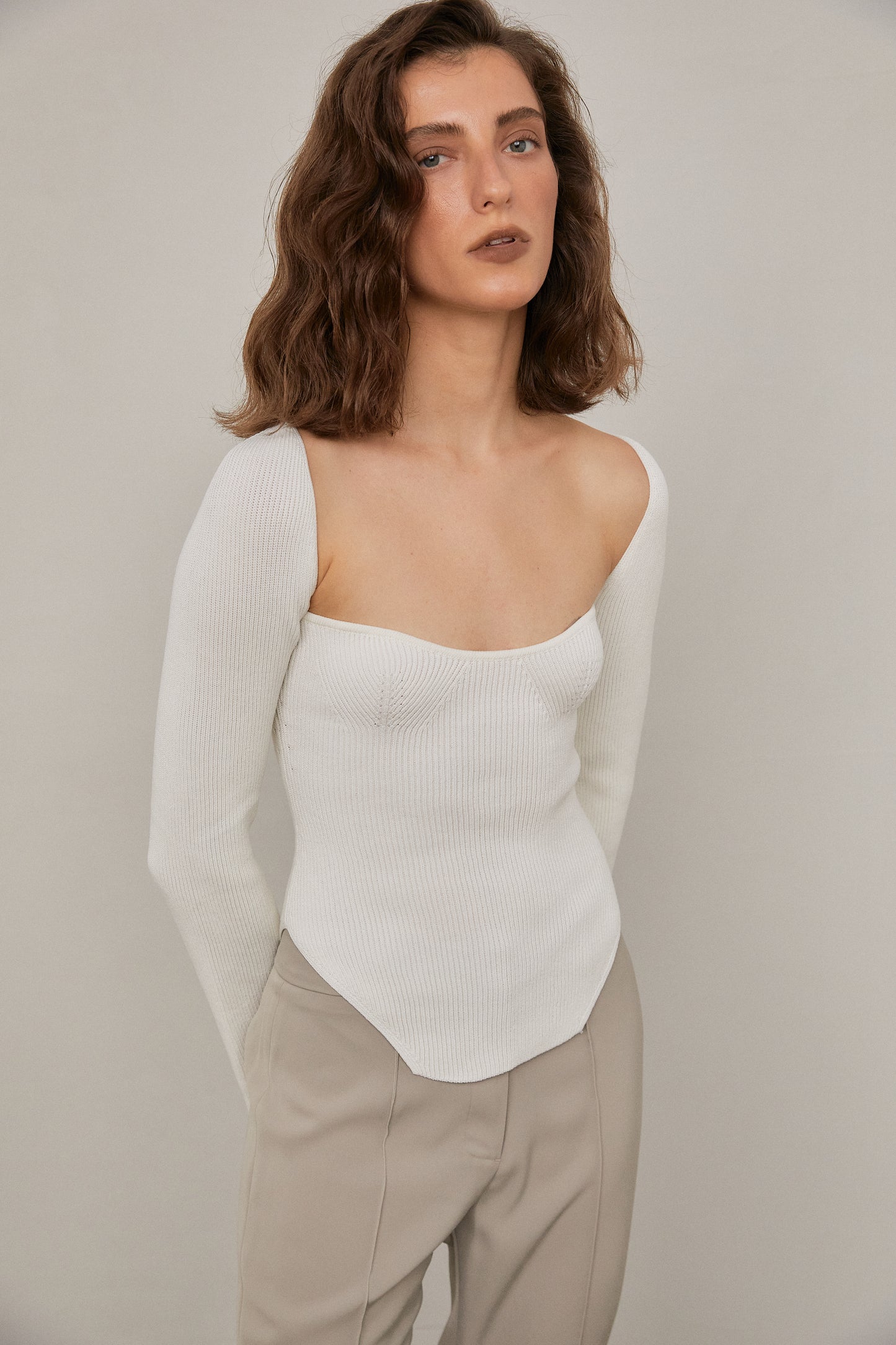 Sweetheart Neckline Ribbed Knit, Ivory