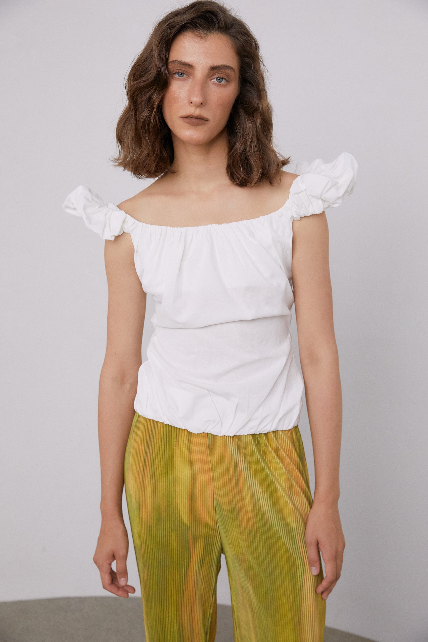 Ruched Ruffle Top, White