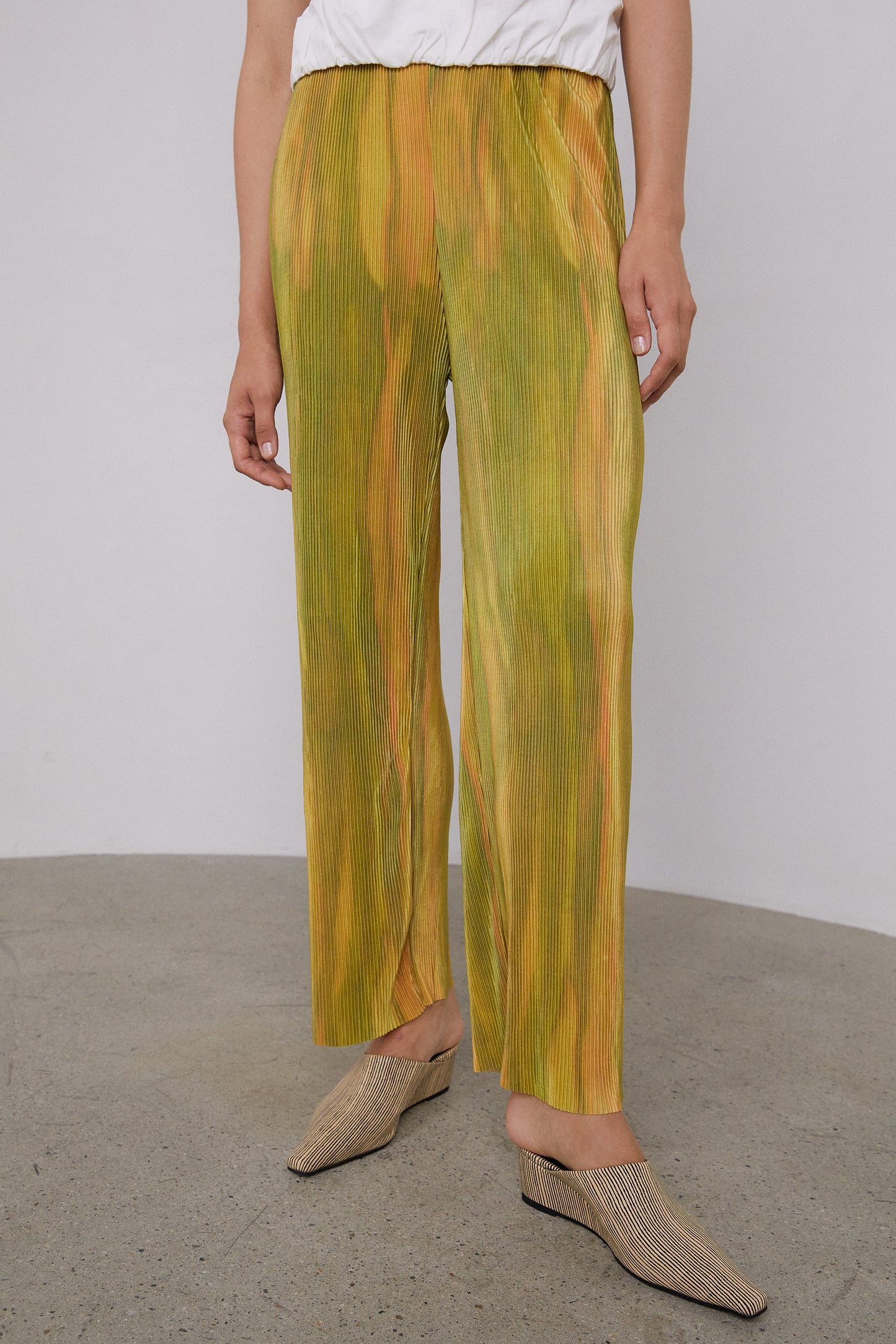 Print Pleated Pants, Green & Yellow