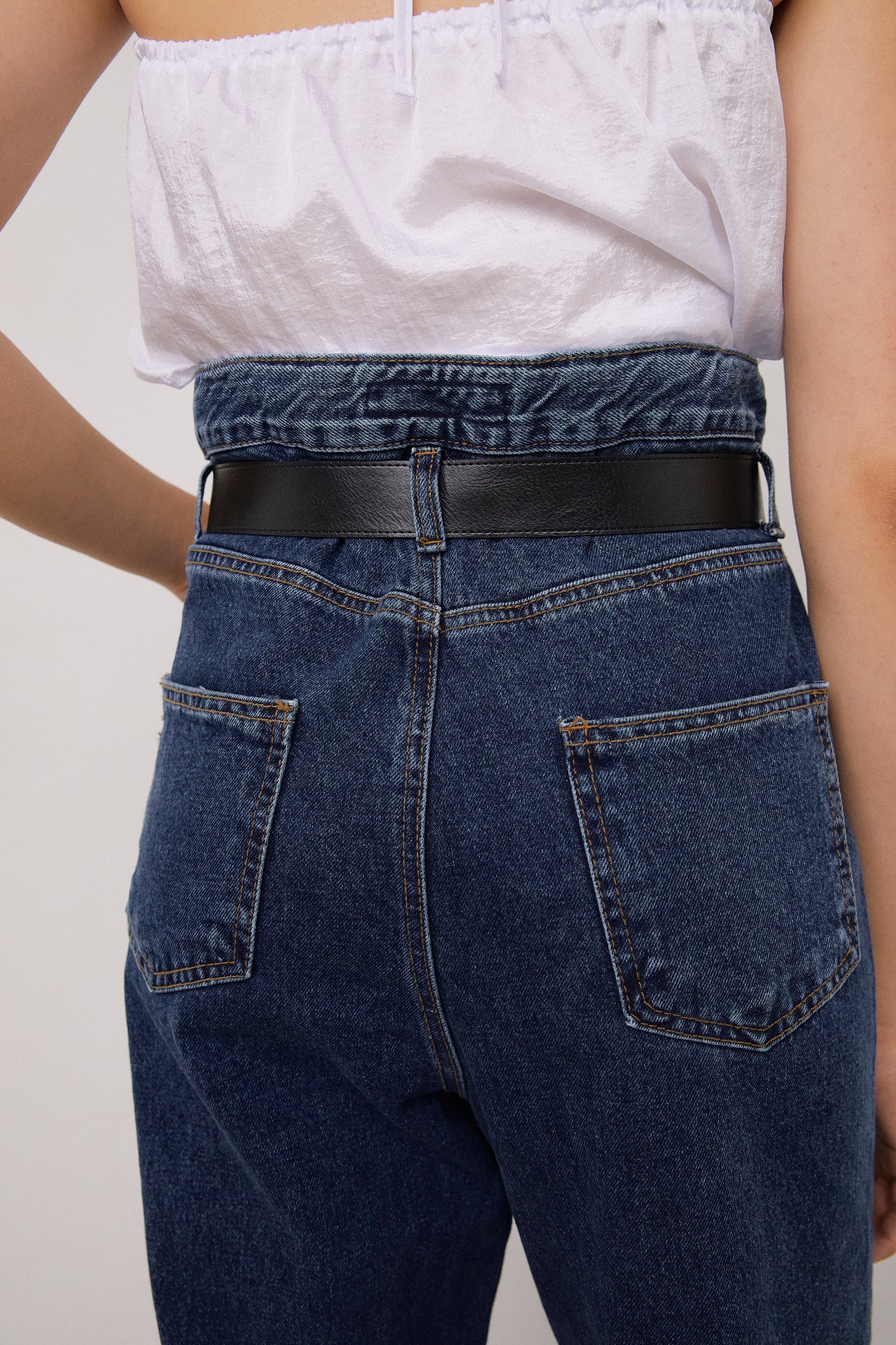 Paperbag Jeans With Triple O-Ring Belt, Dark Blue