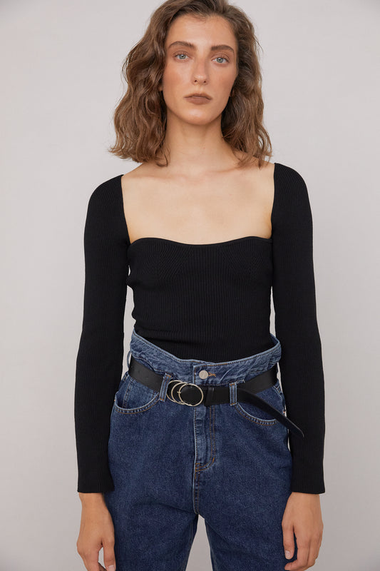 Sweetheart Neckline Ribbed Knit, Black