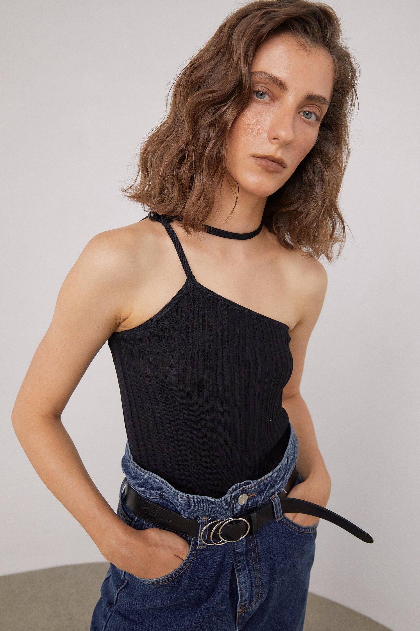 Asymmetrical Stretchy Knit Top, Black