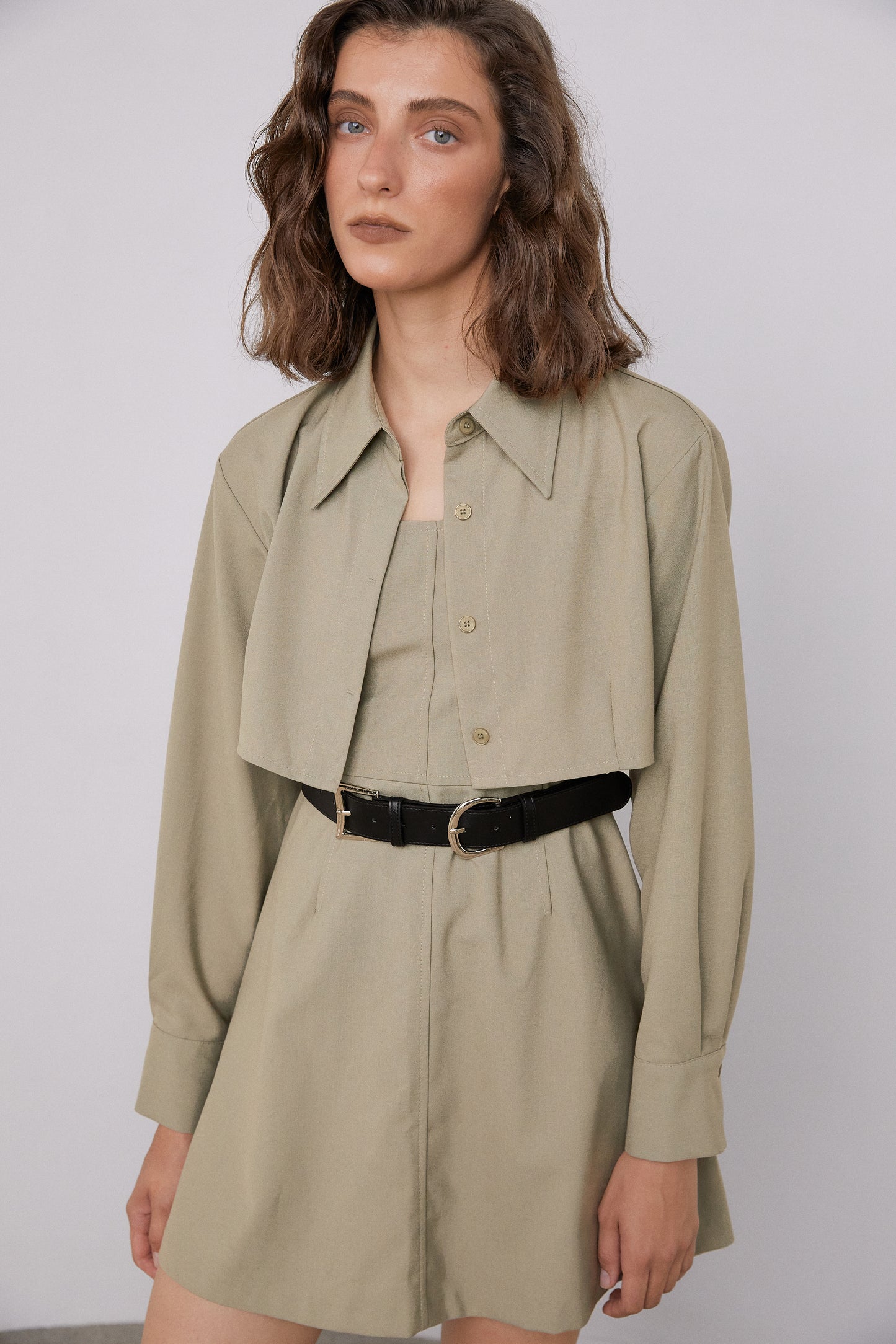 Cropped Button Up Shirt, Olive Khaki