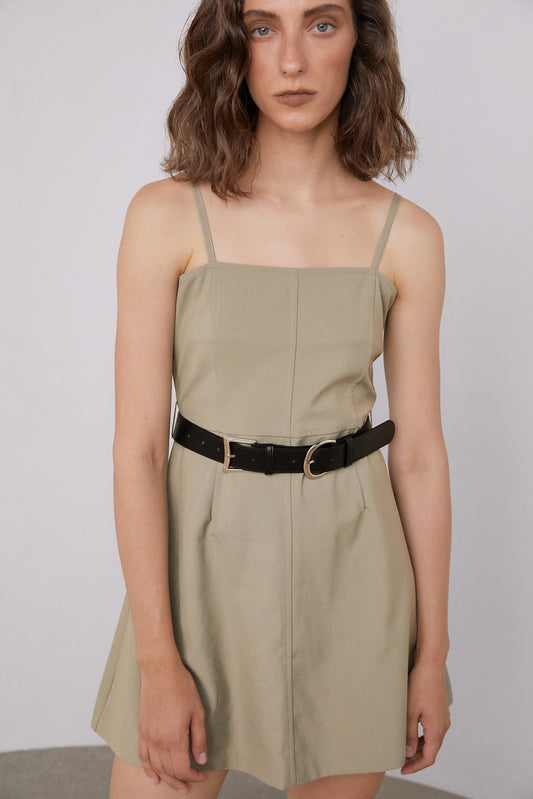 A-Line Double Buckle Belted Dress, Olive Khaki
