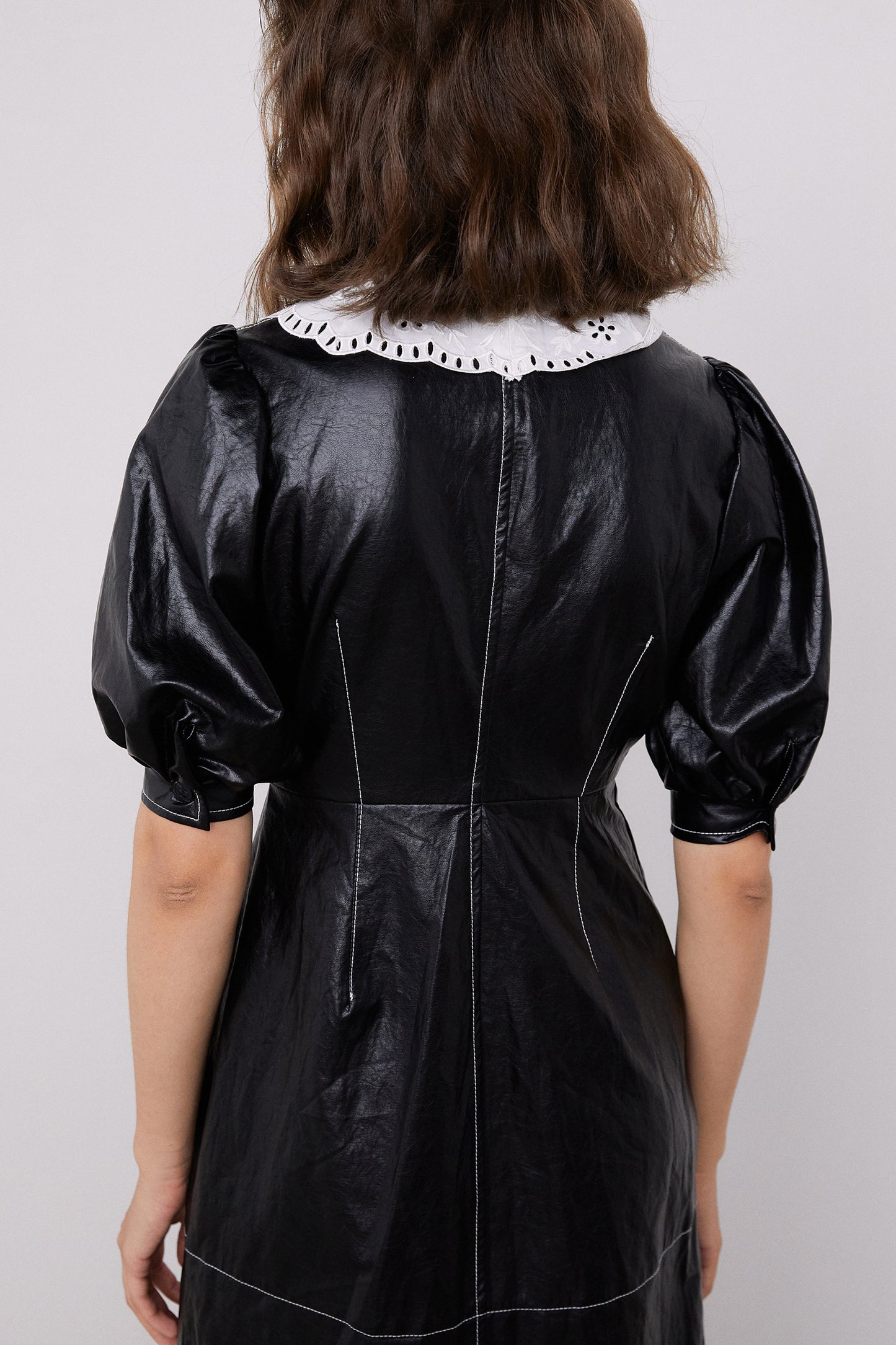 Lace Collar Leather Dress, Black