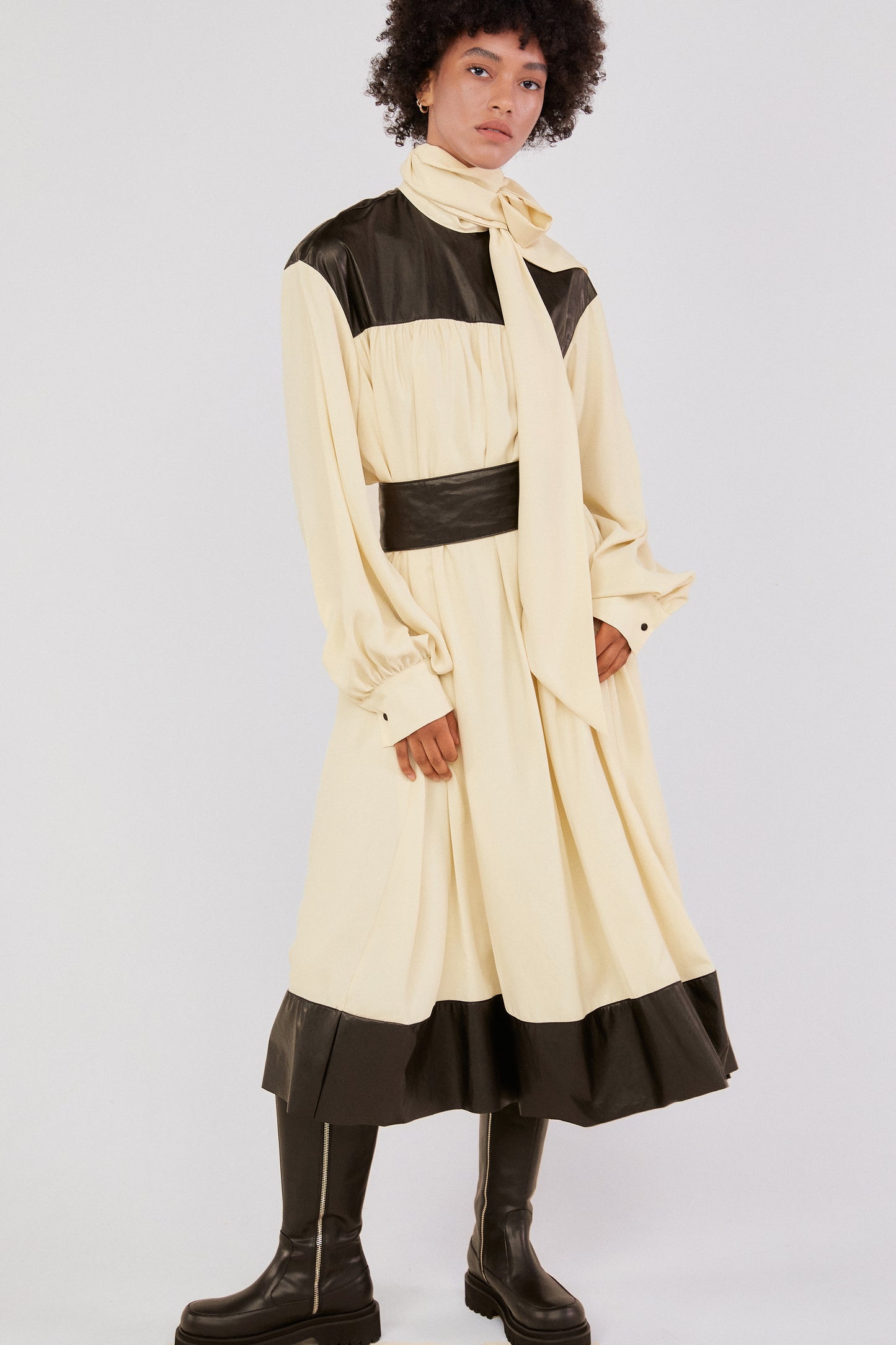 Leather Combination Scarf Dress, Cream Yellow