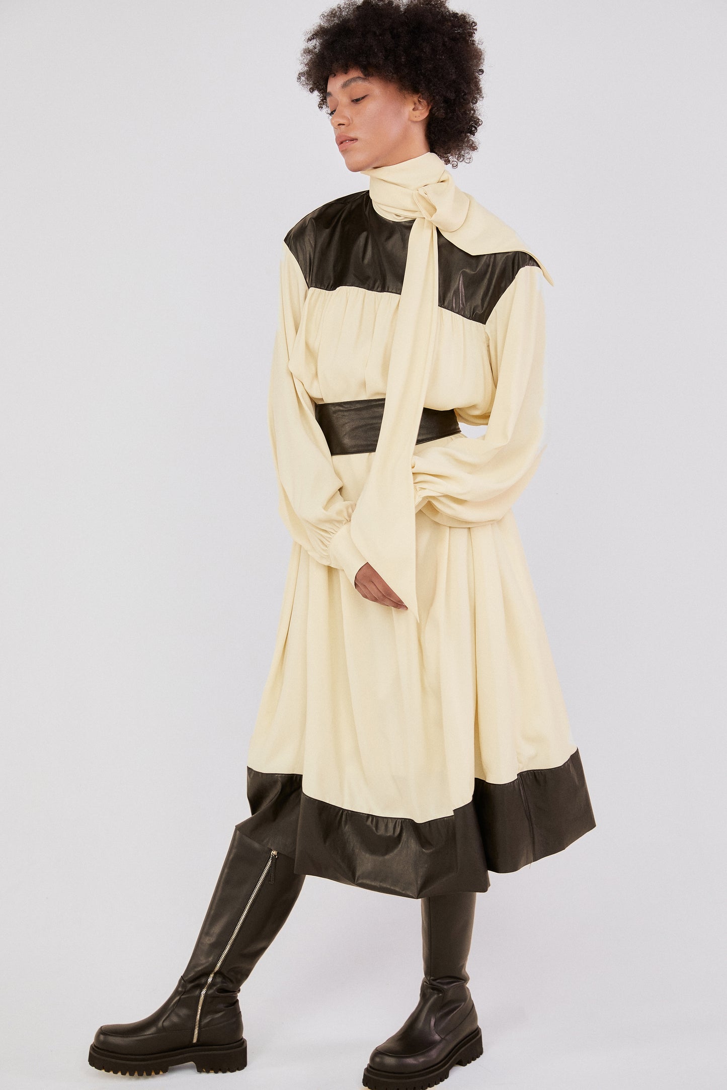 Leather Combination Scarf Dress, Cream Yellow