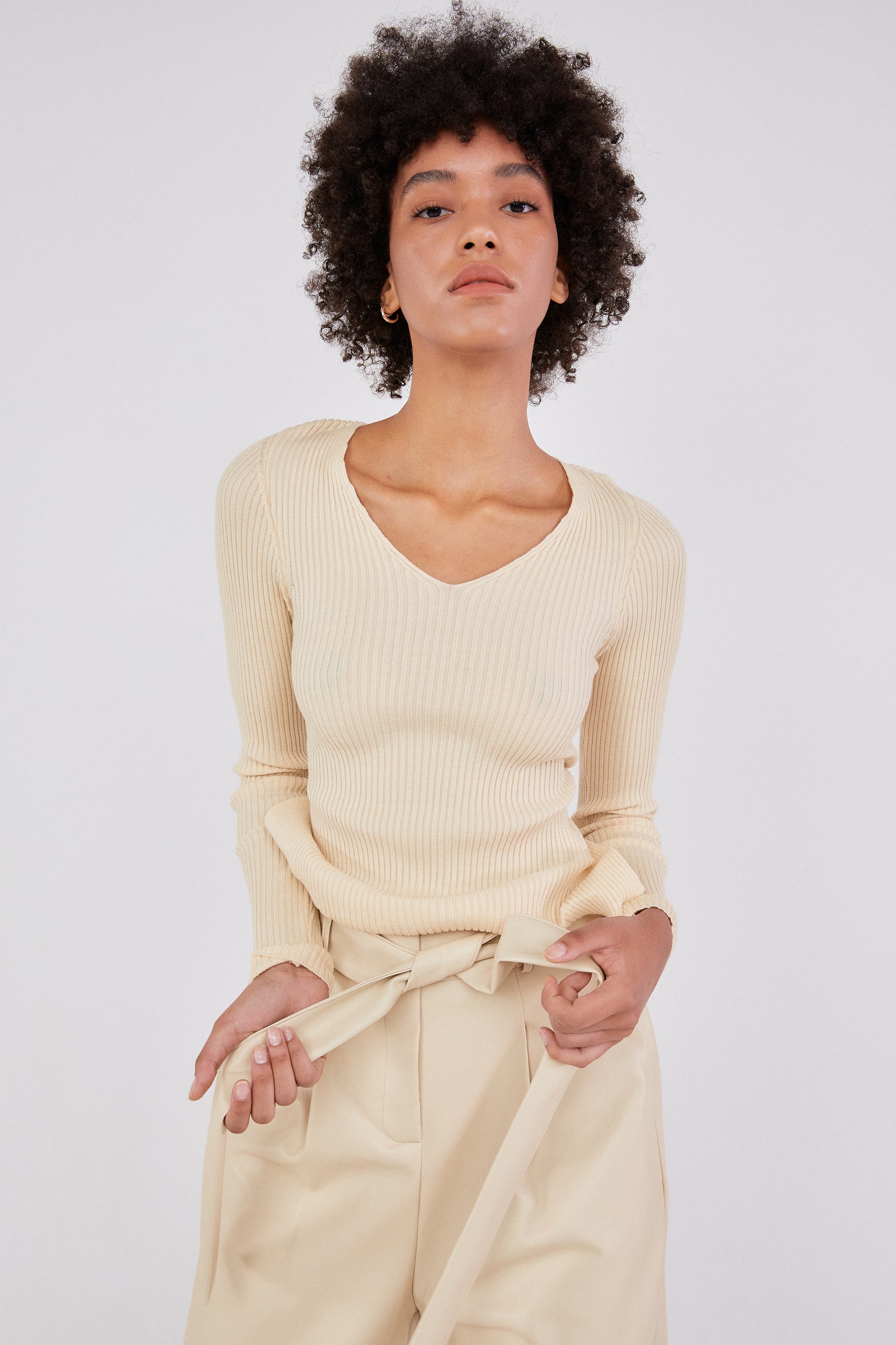 Double Tie Open Back Knit Top, Ivory Beige