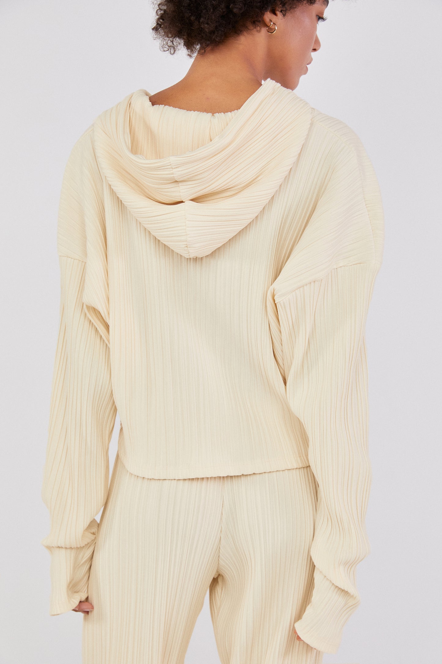 Hooded Pleat Zip Sweatshirt, Ivory