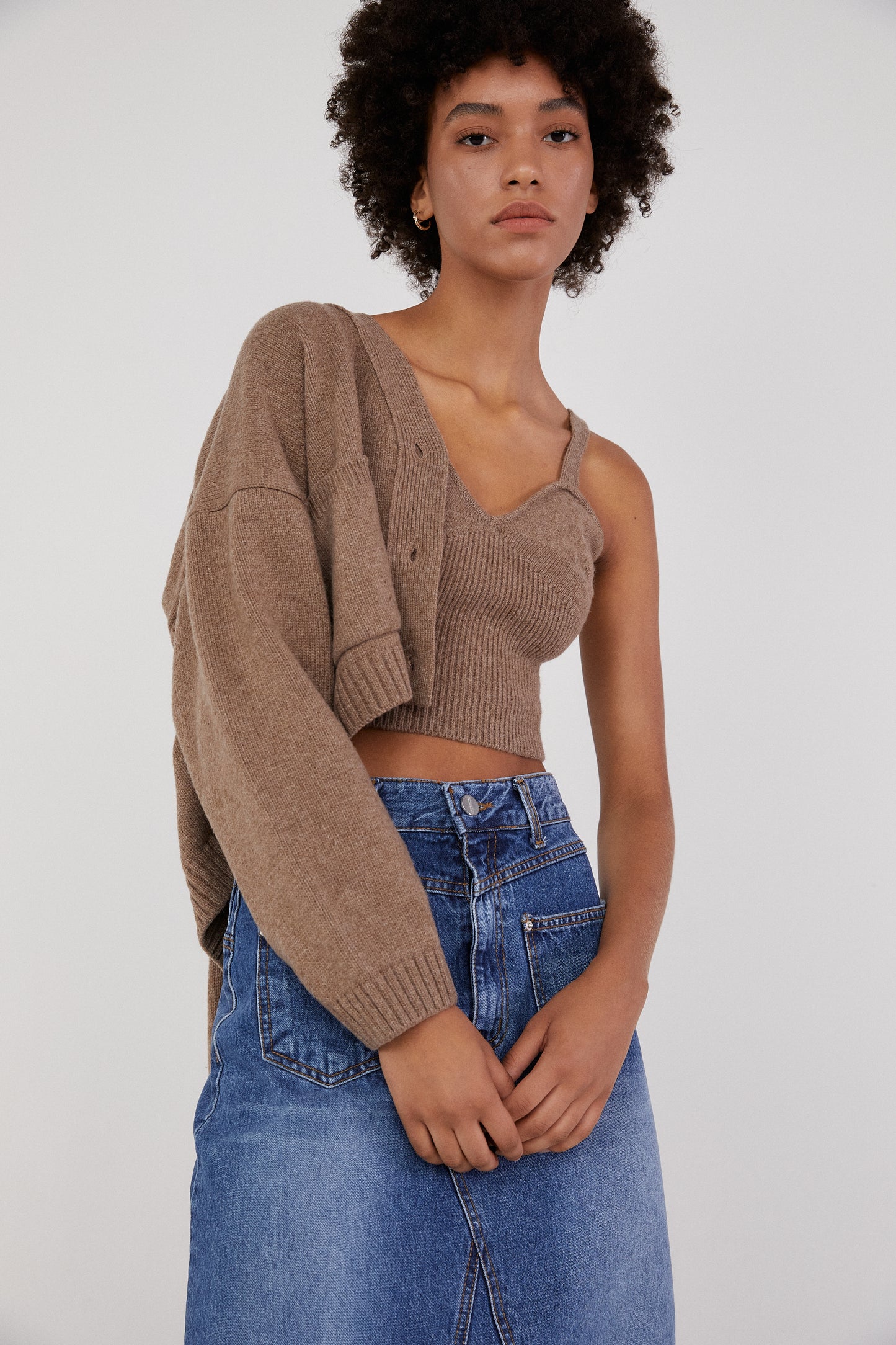 Knit Cardigan And Crop Top Set, Cedar Brown