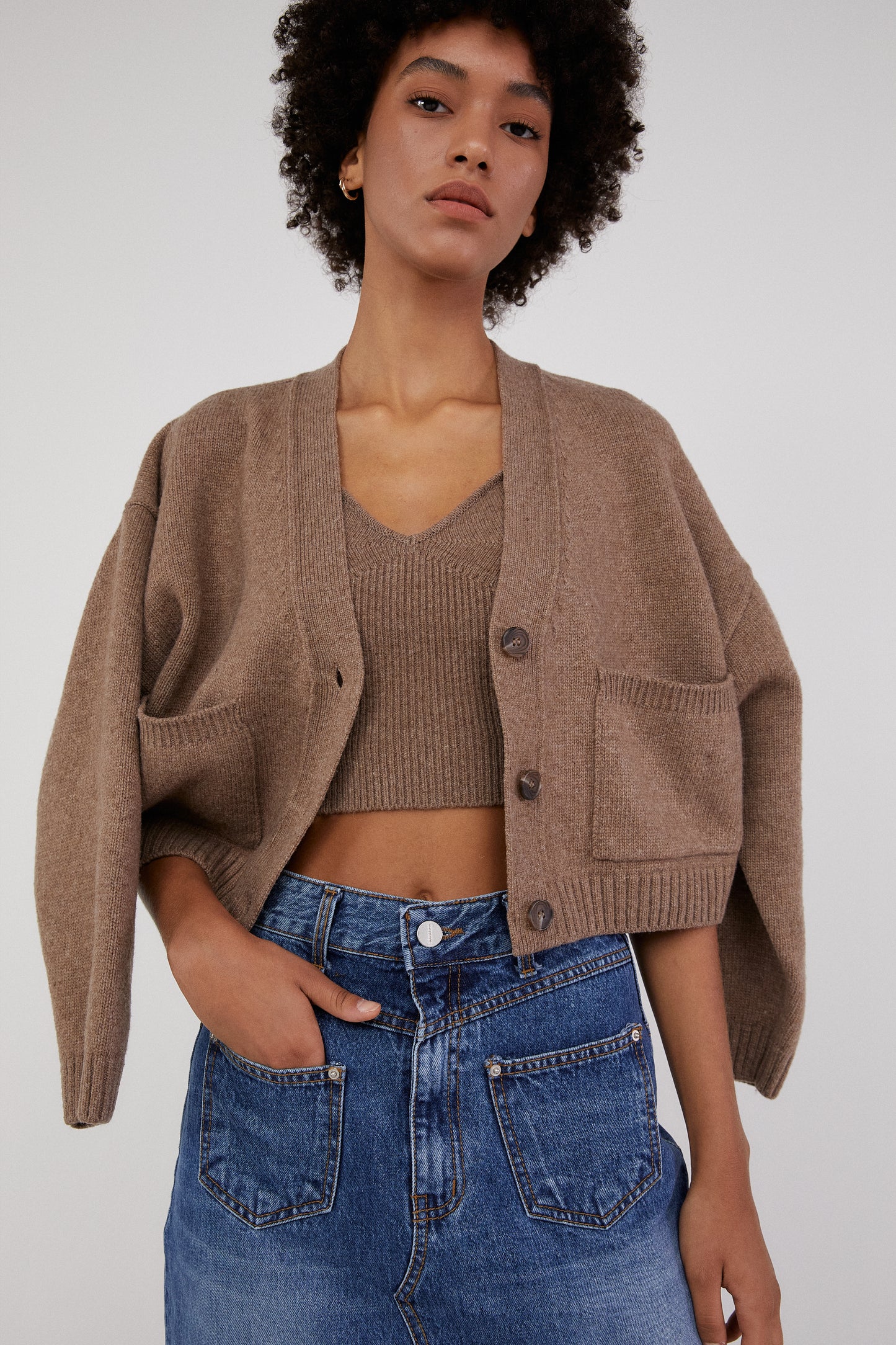 Knit Cardigan And Crop Top Set, Cedar Brown