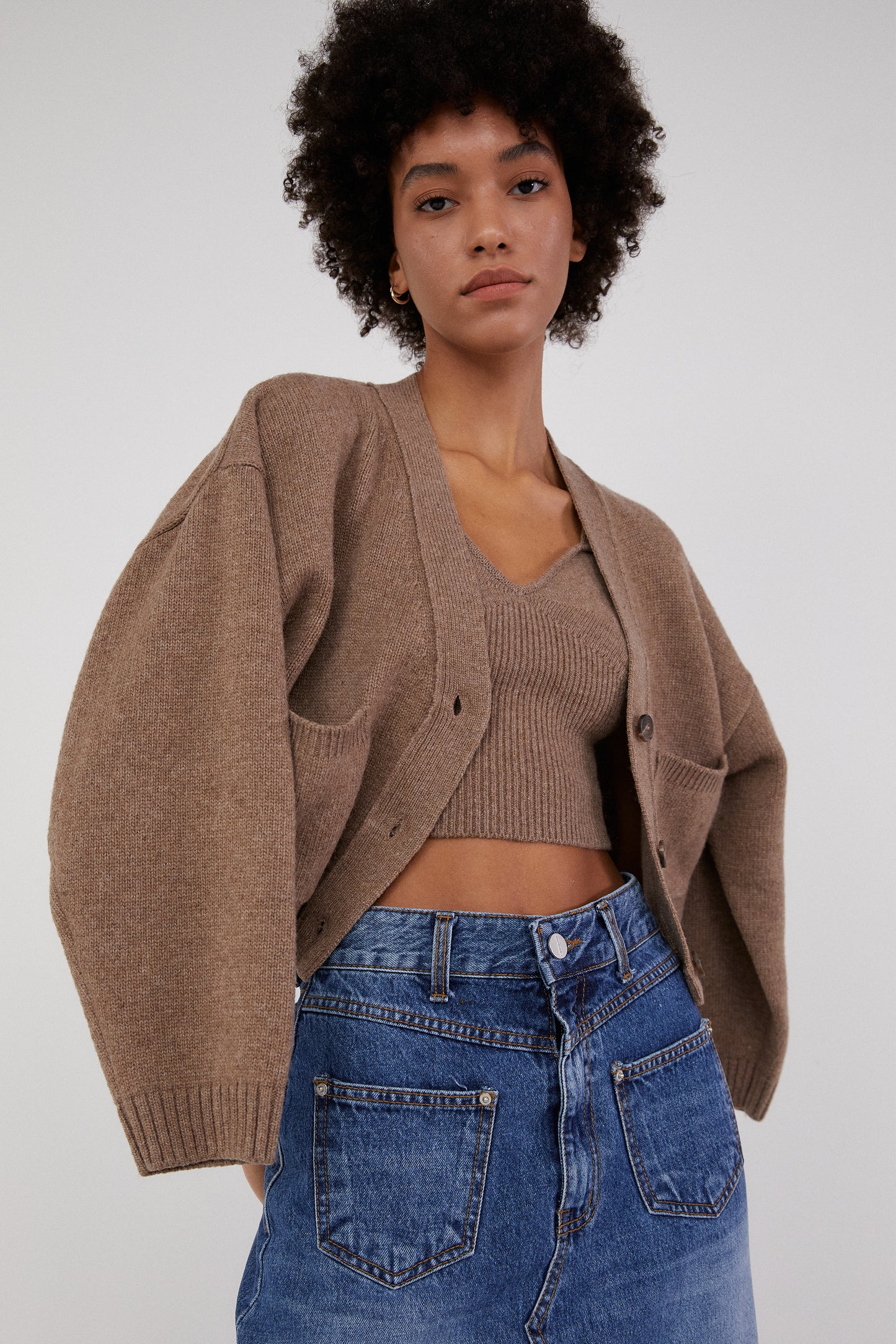 Knit Cardigan And Crop Top Set, Cedar Brown