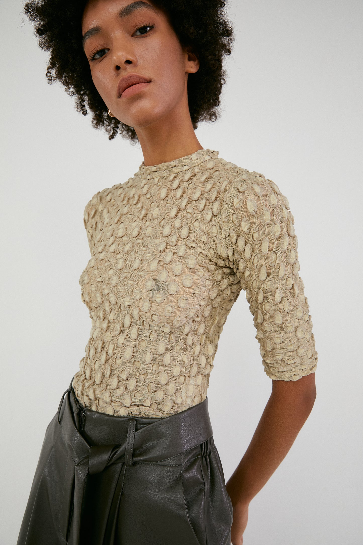 Dotted Texture Top, Khaki Beige