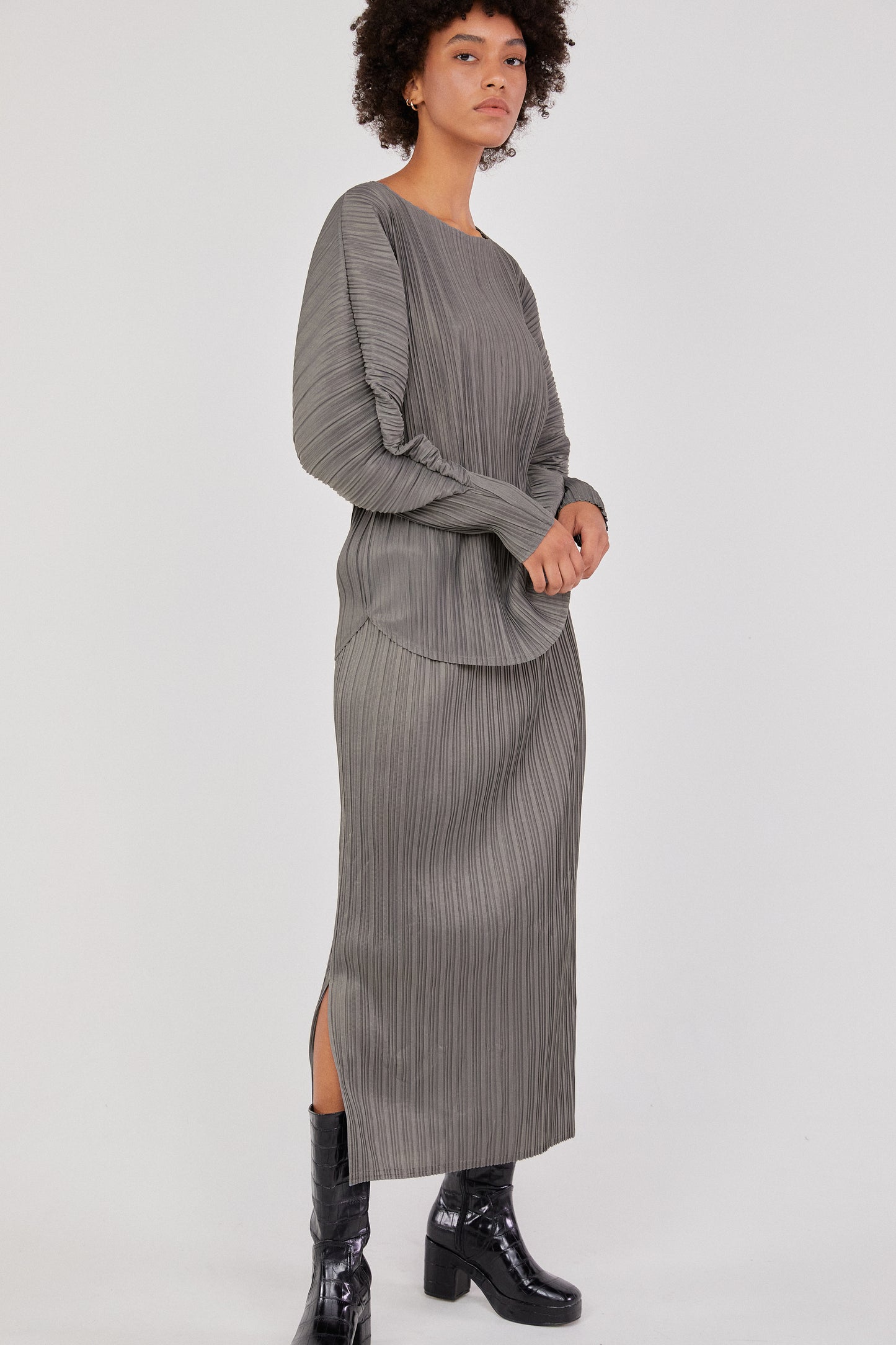 Pleated Cocoon Blouse, Steel Grey
