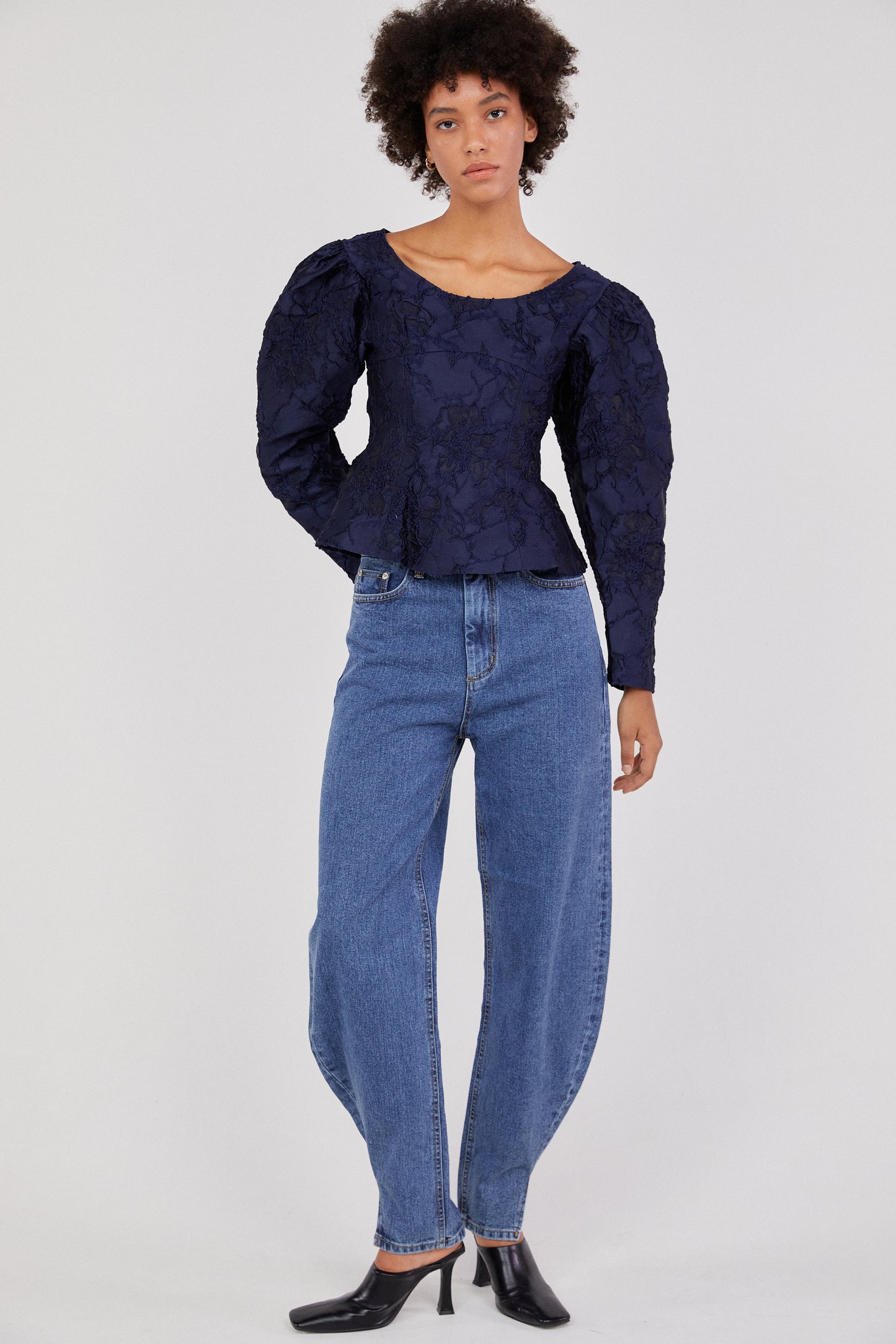 Jacquard Puff Sleeved Blouse, Navy