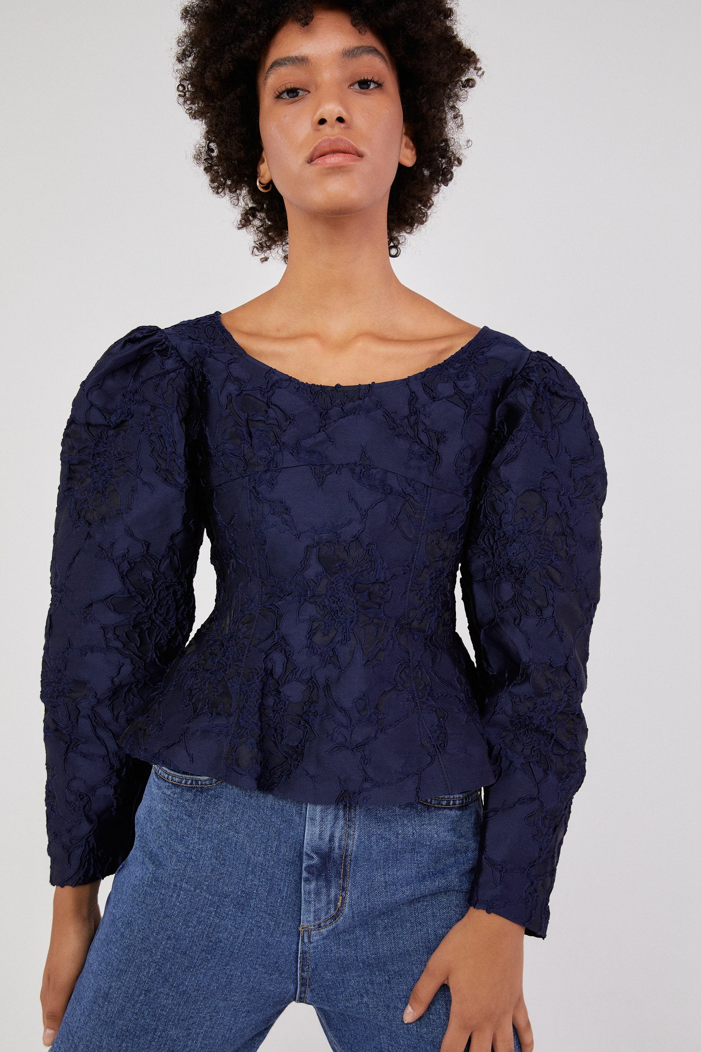 Jacquard Puff Sleeved Blouse, Navy