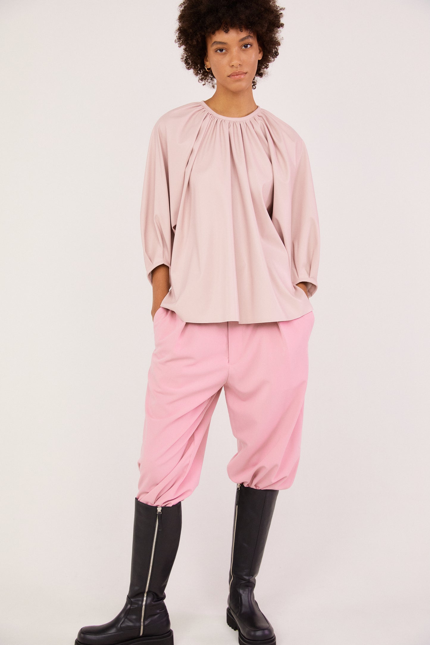 Soft Faux Leather Puff Blouse, Dusty Pink