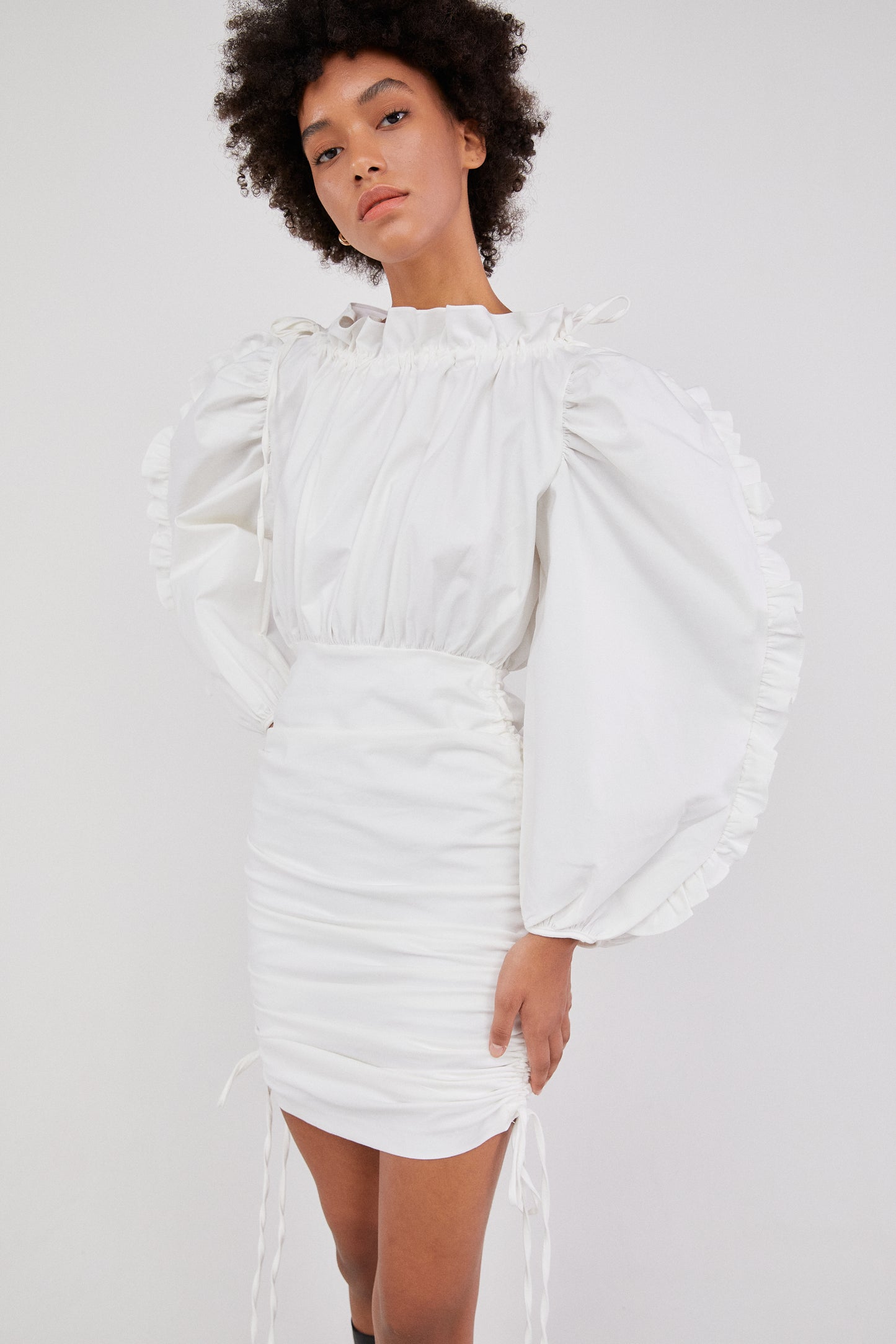 Ruffle Sleeve Drawstring Dress, White