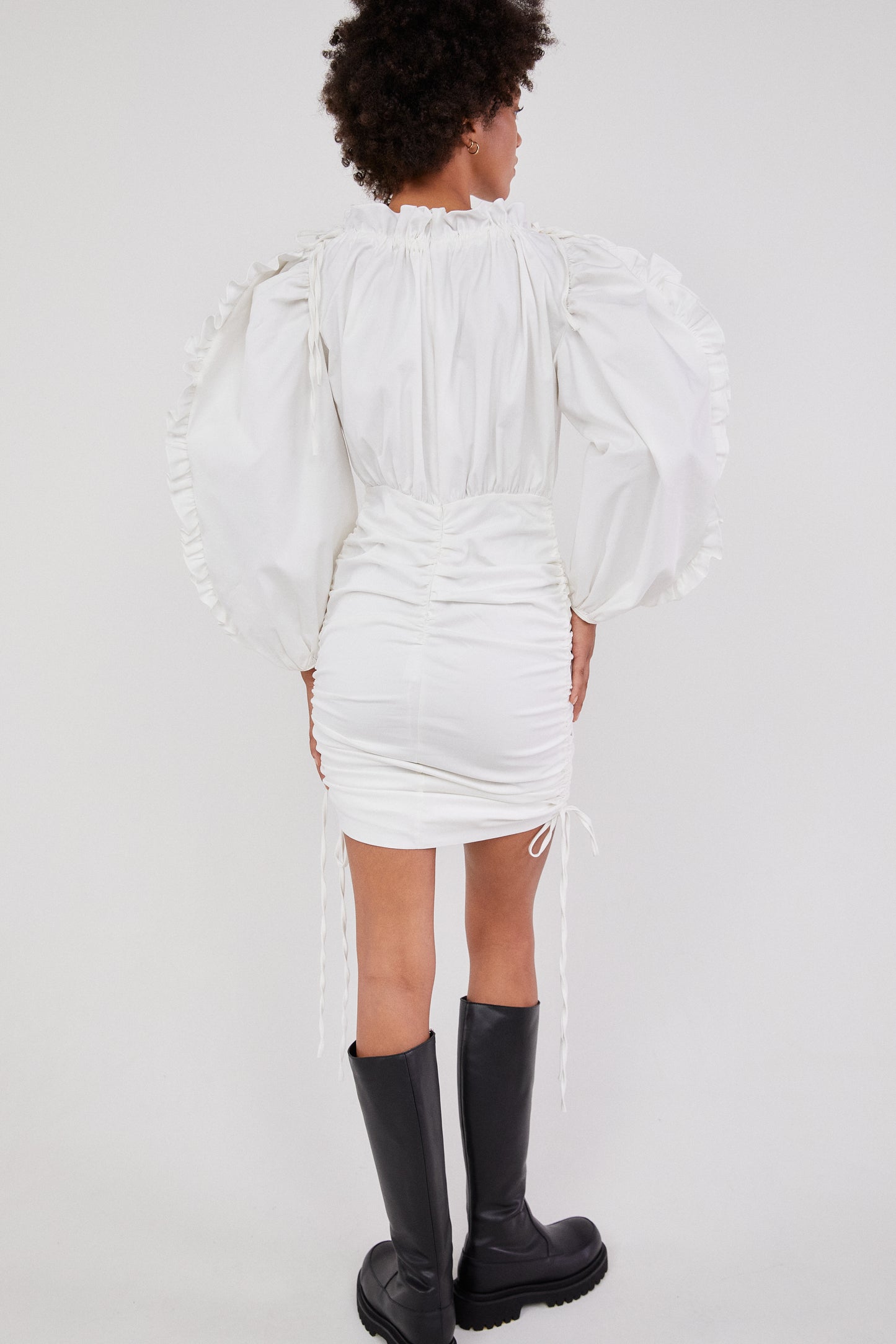Ruffle Sleeve Drawstring Dress, White