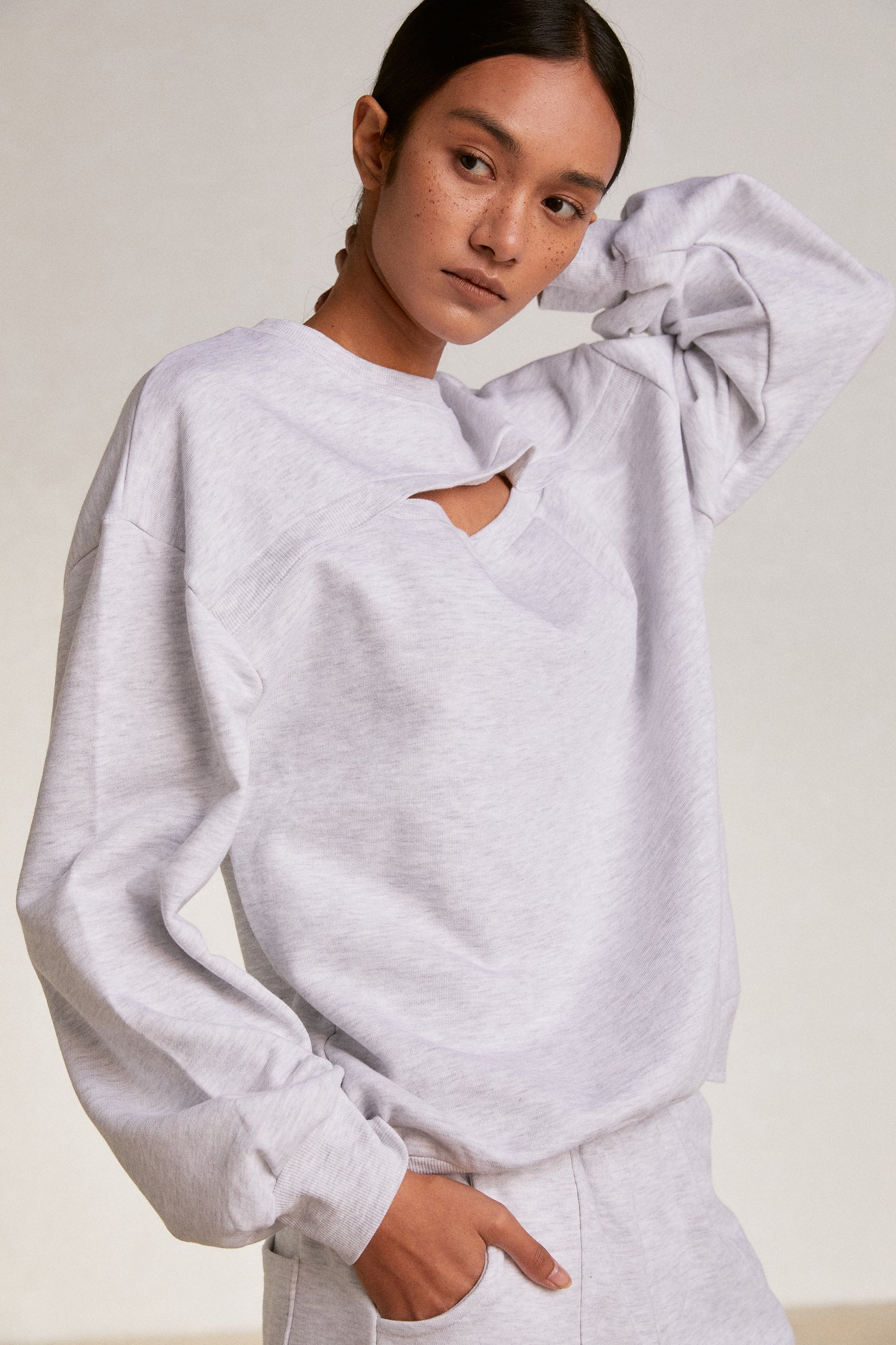 Chest Slit Sweatshirt, Grey Melange
