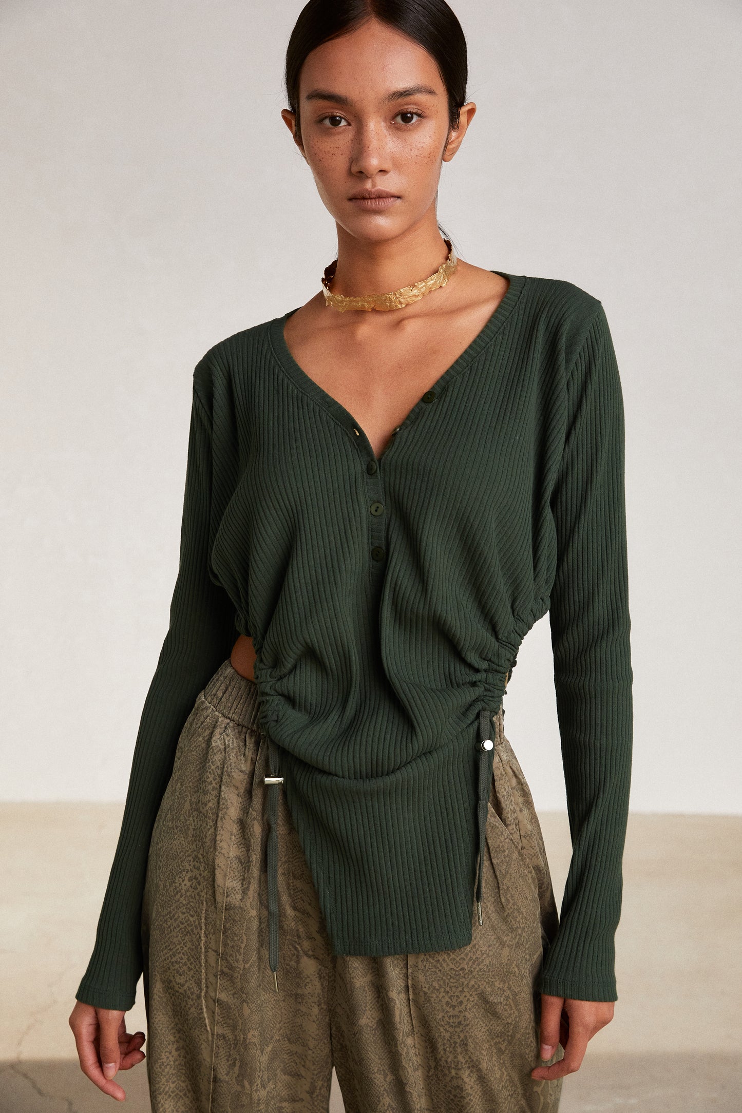 Ruched Side Drawstring Top, Forest Green