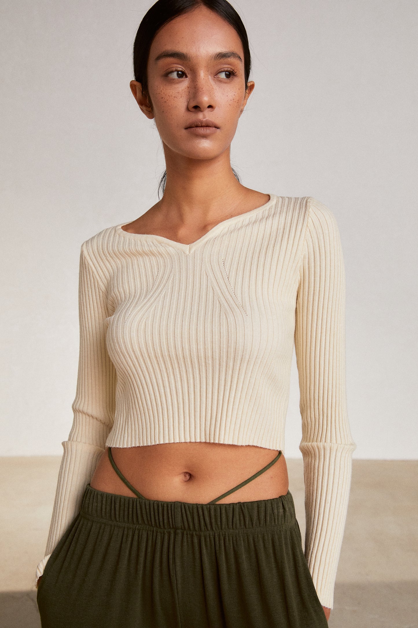 Plunge Cropped Knit Top, Ivory