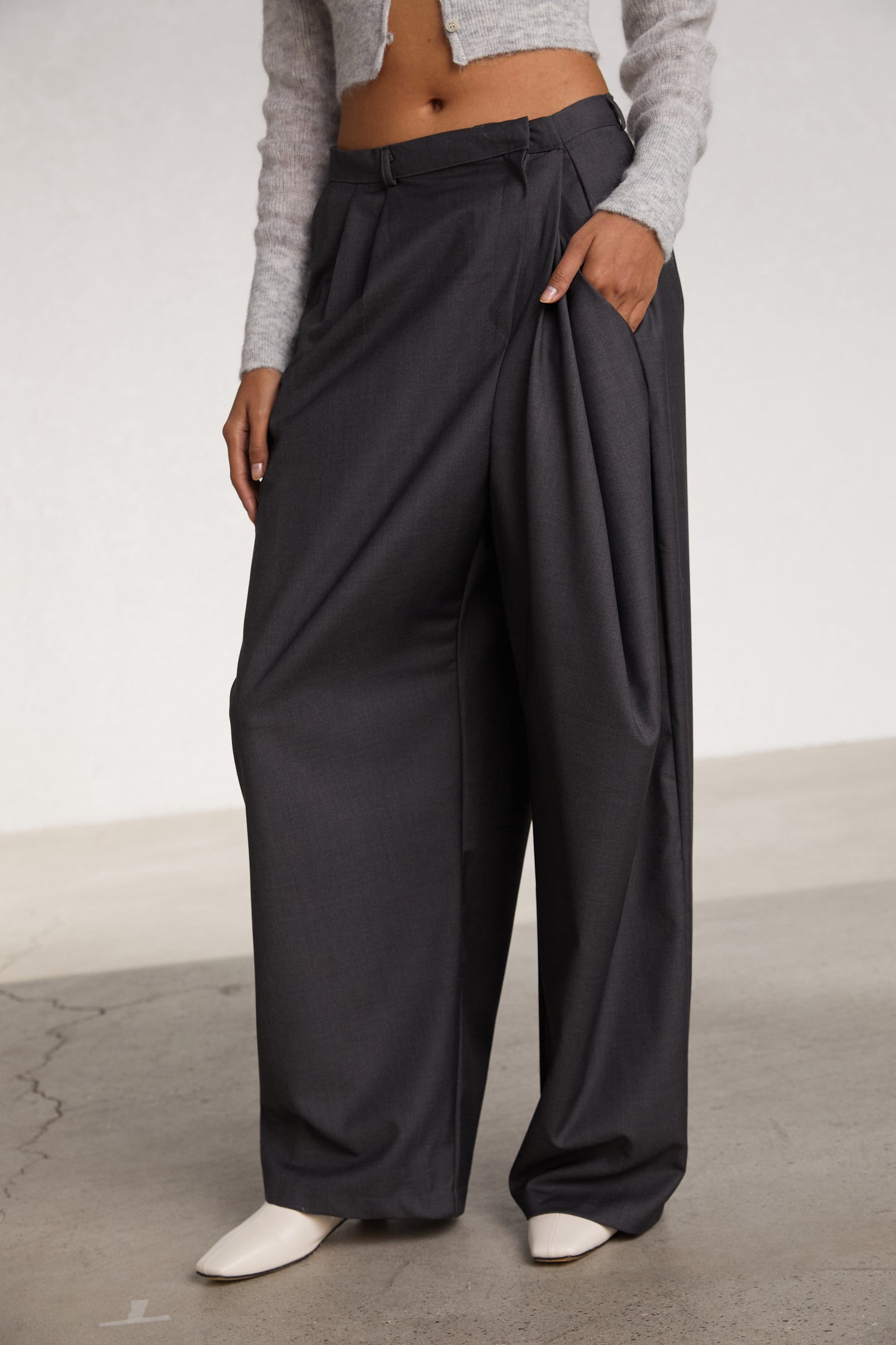 Asymmetric Wrap-Effect Trousers, Charcoal