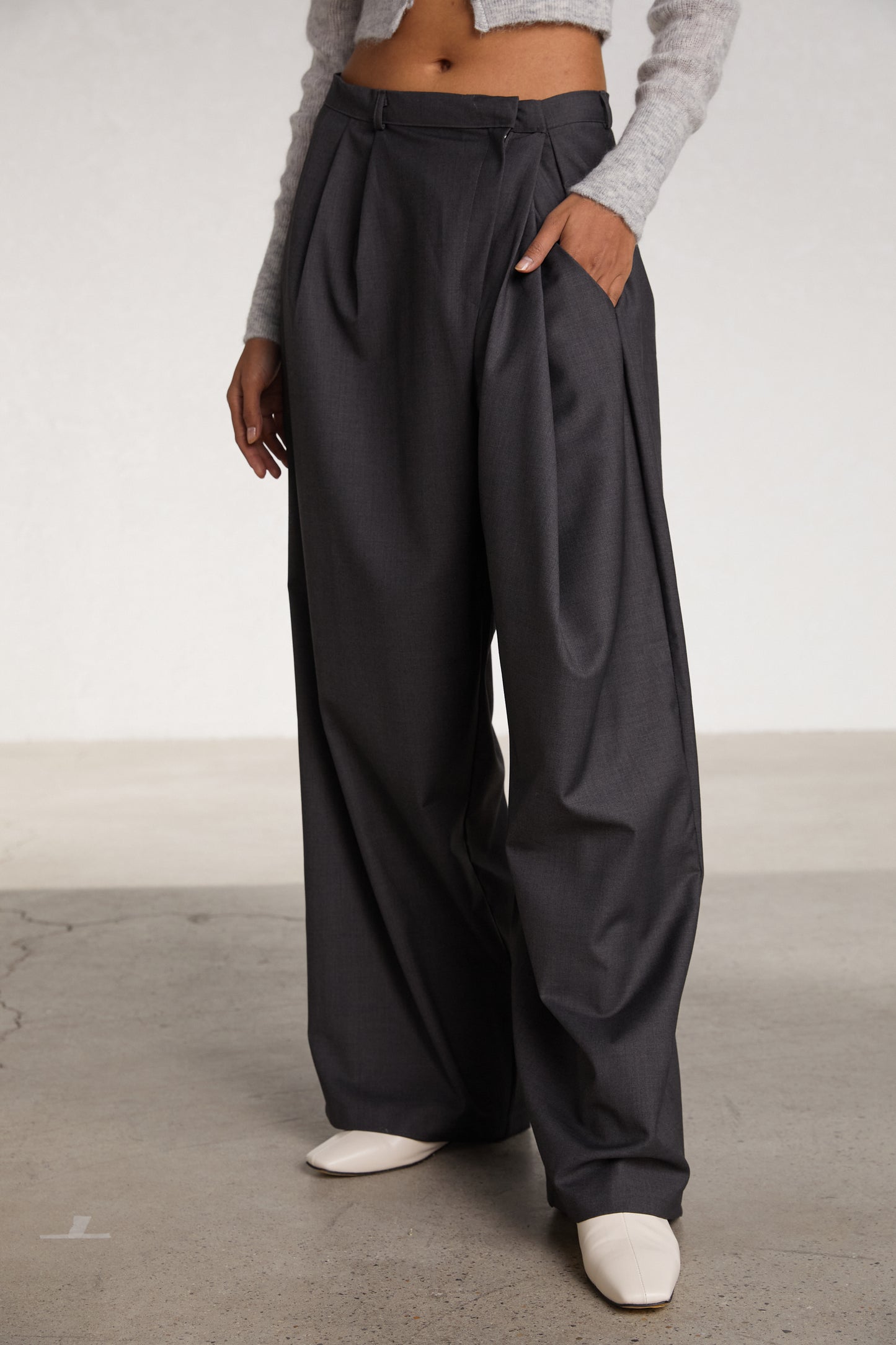 Asymmetric Wrap-Effect Trousers, Charcoal