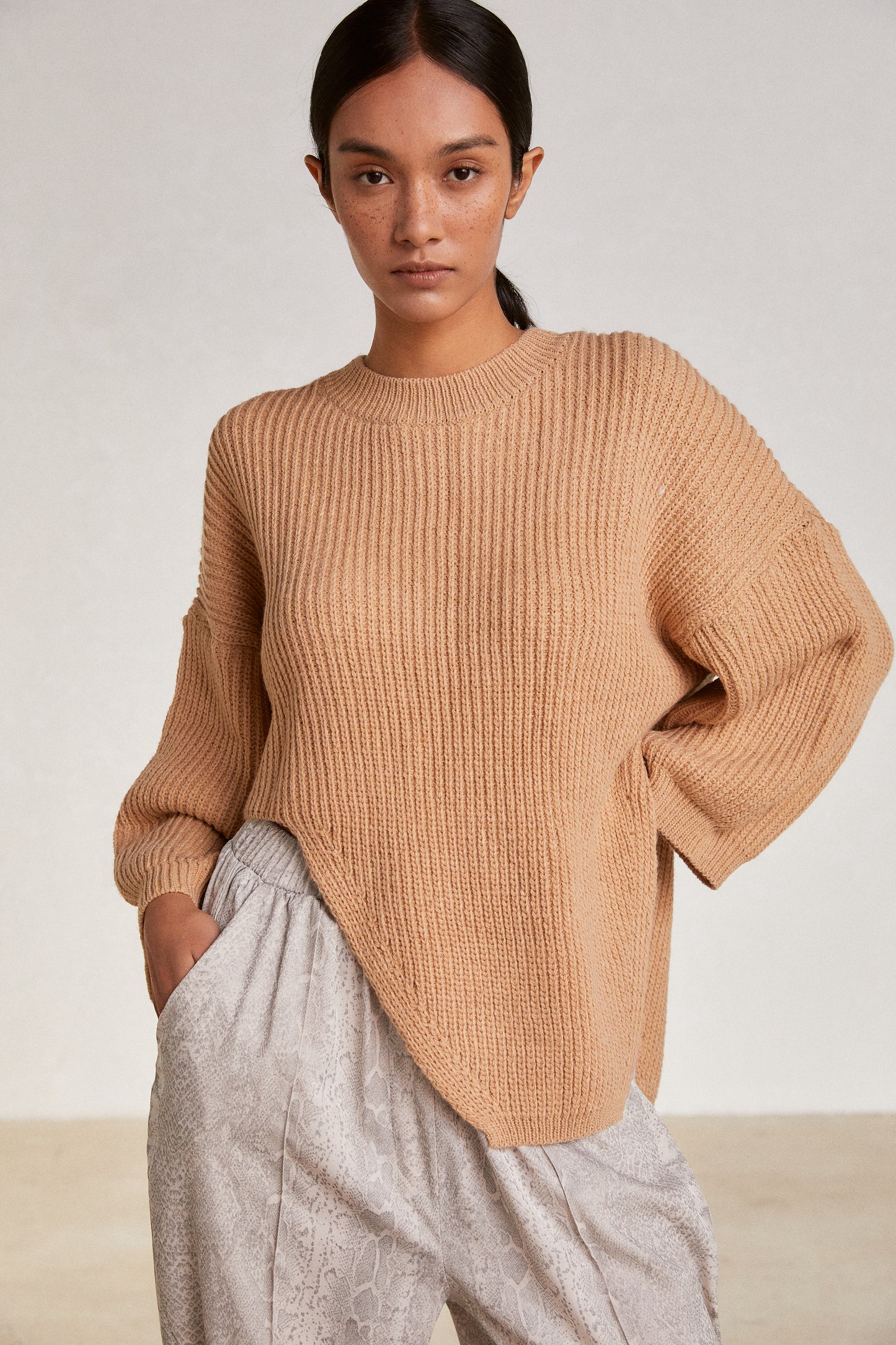 High Low Sculpted Sweater, Orange Beige