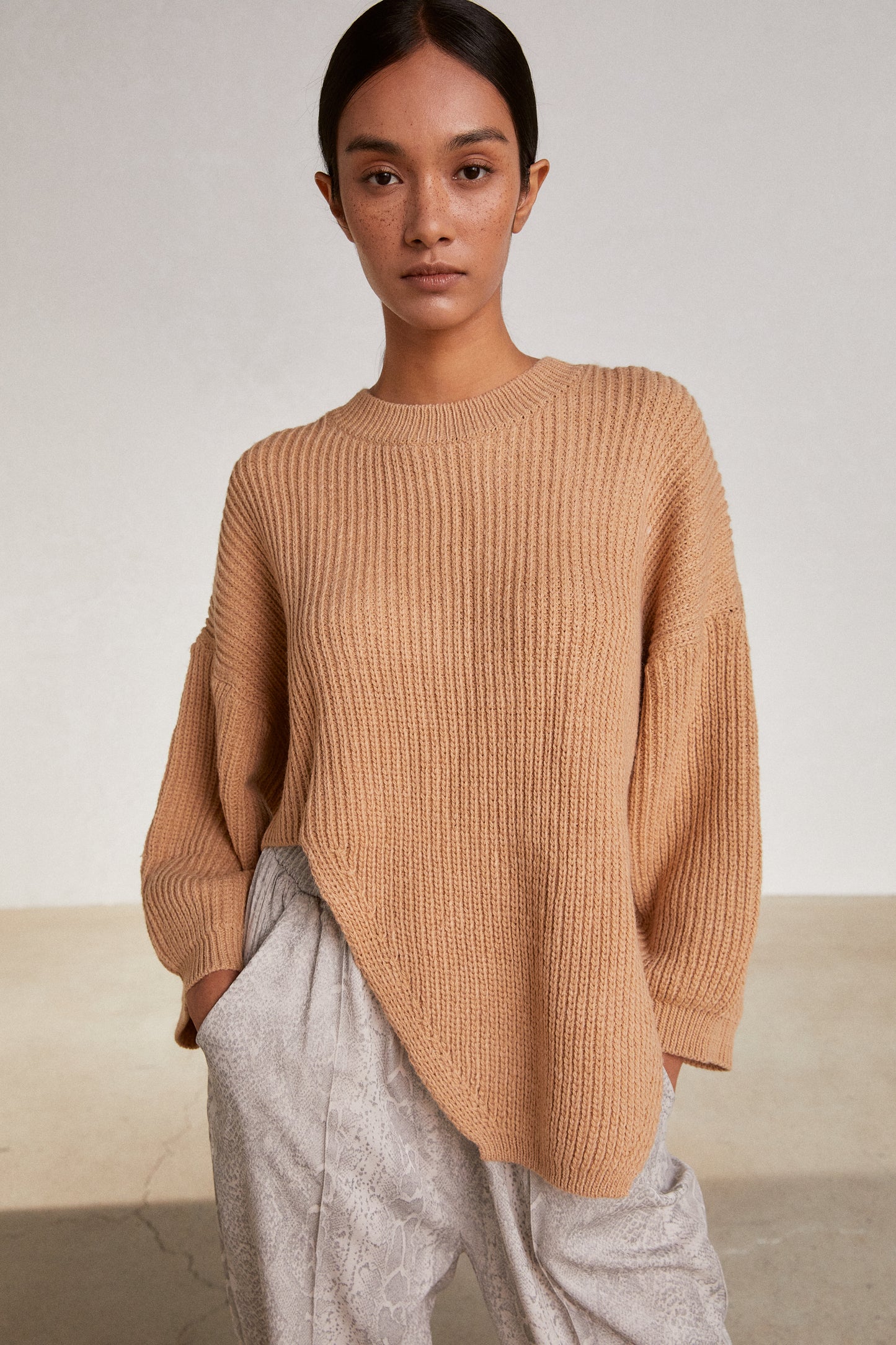 High Low Sculpted Sweater, Orange Beige