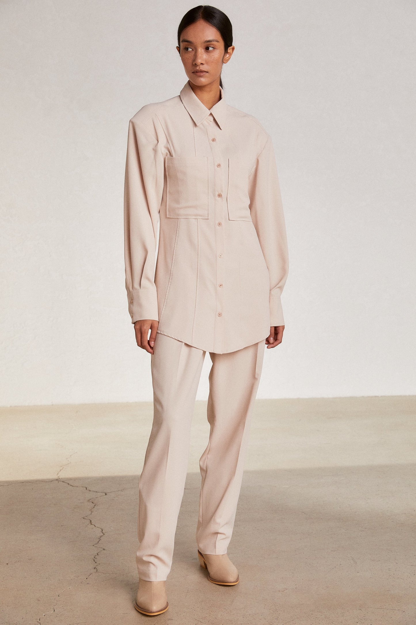 Padded Shoulder Oversized Shirt & Tapered Pant Set, Sand Beige