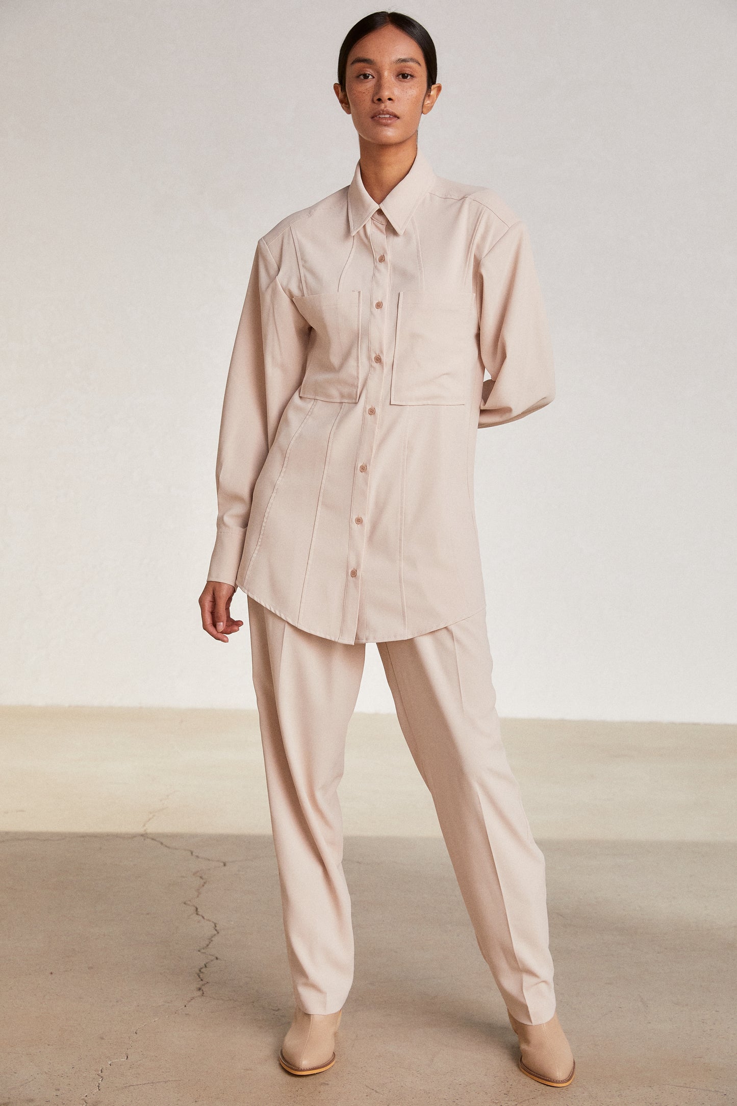 Padded Shoulder Oversized Shirt & Tapered Pant Set, Sand Beige