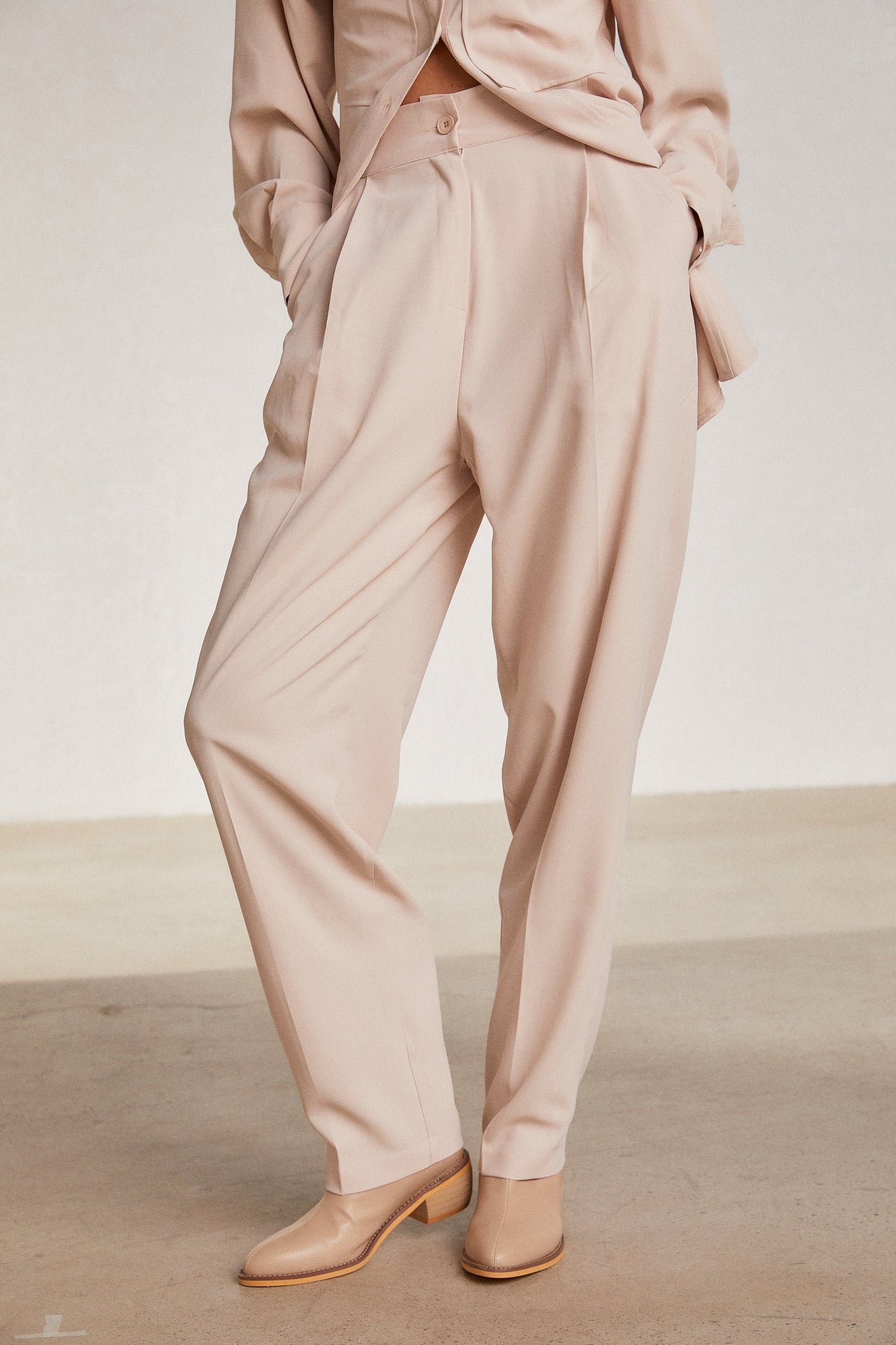 Padded Shoulder Oversized Shirt & Tapered Pant Set, Sand Beige