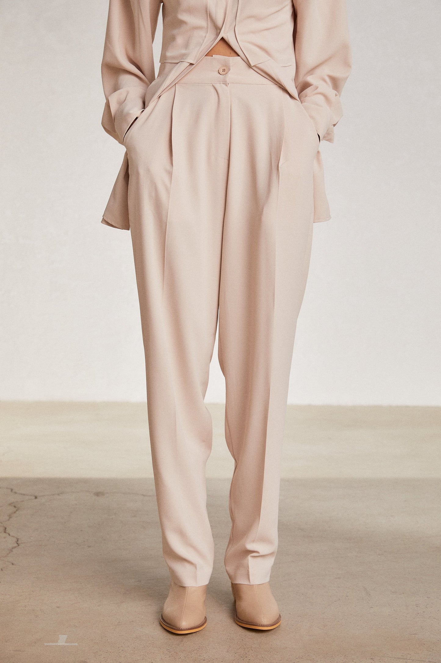 Padded Shoulder Oversized Shirt & Tapered Pant Set, Sand Beige