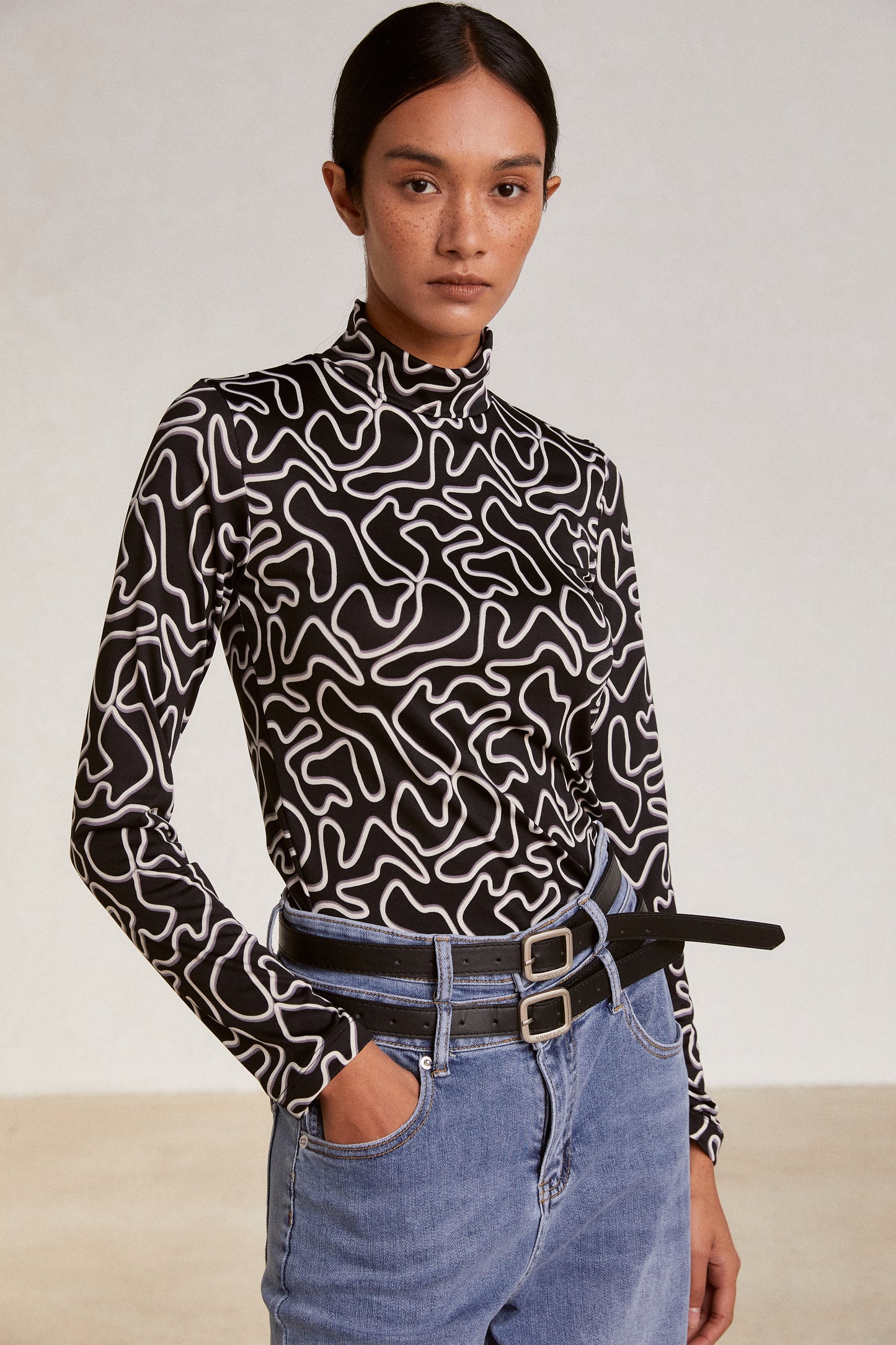 Abstract Print Stretch-Jersey Turtleneck Top, Black