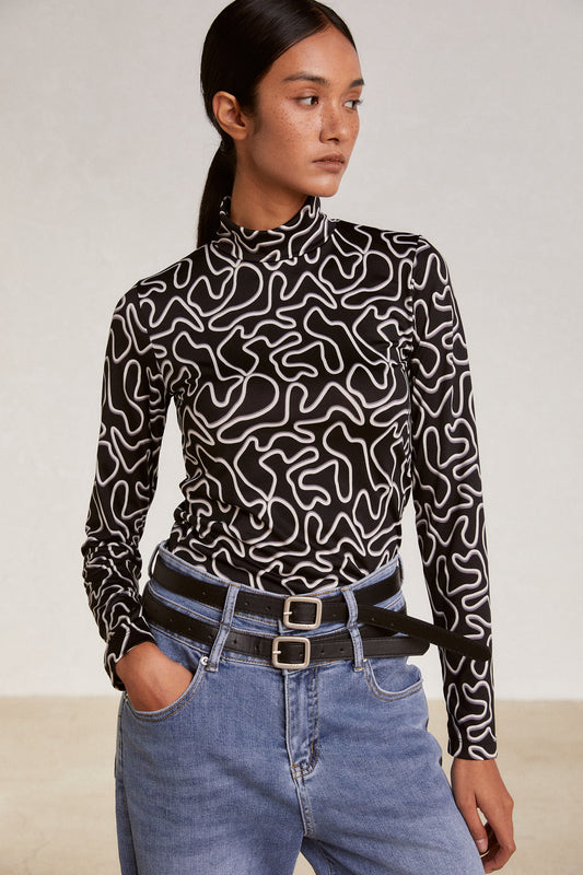 Abstract Print Stretch-Jersey Turtleneck Top, Black