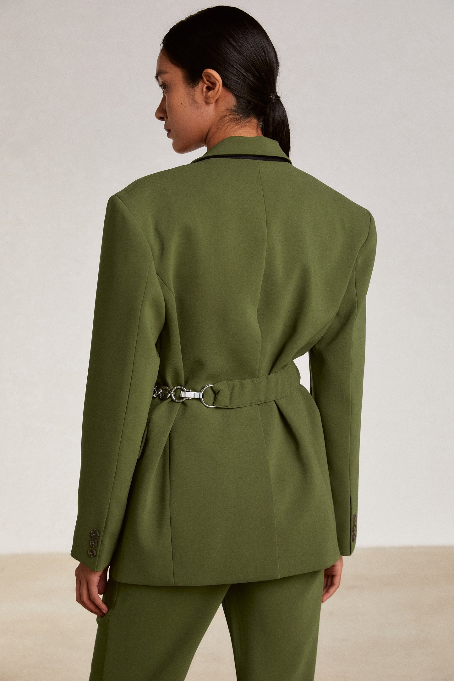 Chain Belted Blazer Jacket, Khaki Green