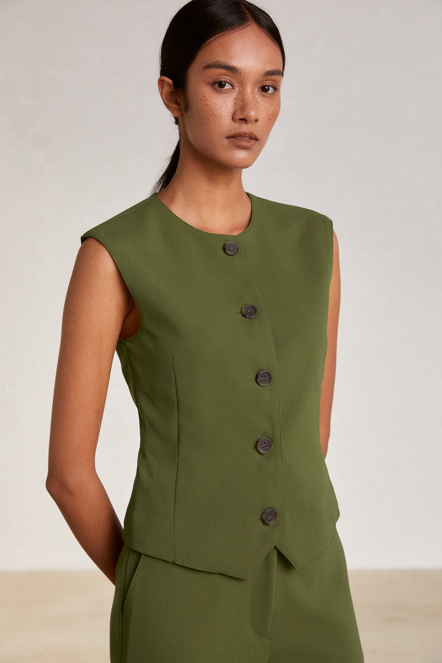 Fitted Button Waistcoat, Khaki Green