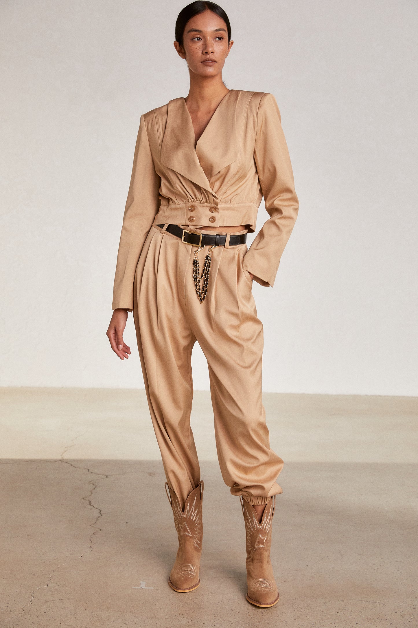Chain Belted Slouchy Jogger, Camel Beige