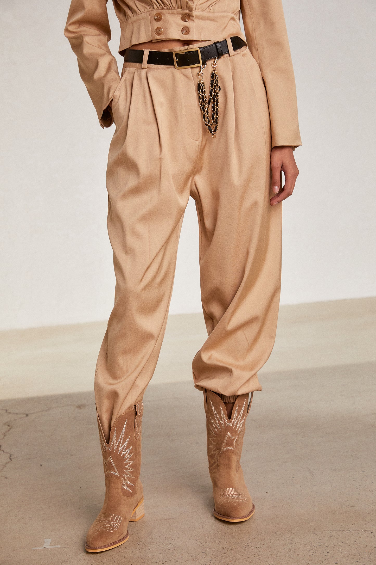 Chain Belted Slouchy Jogger, Camel Beige
